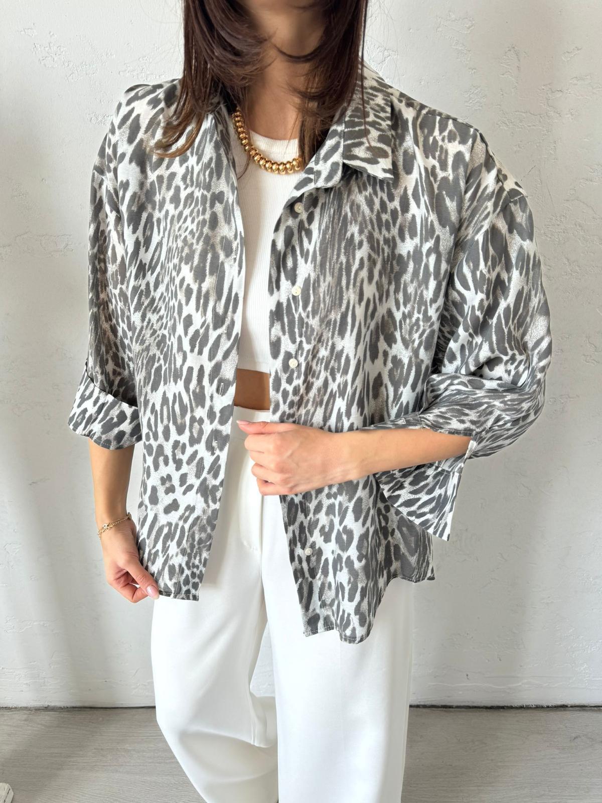 Vizon Leopar Desenli Oversize Gömlek