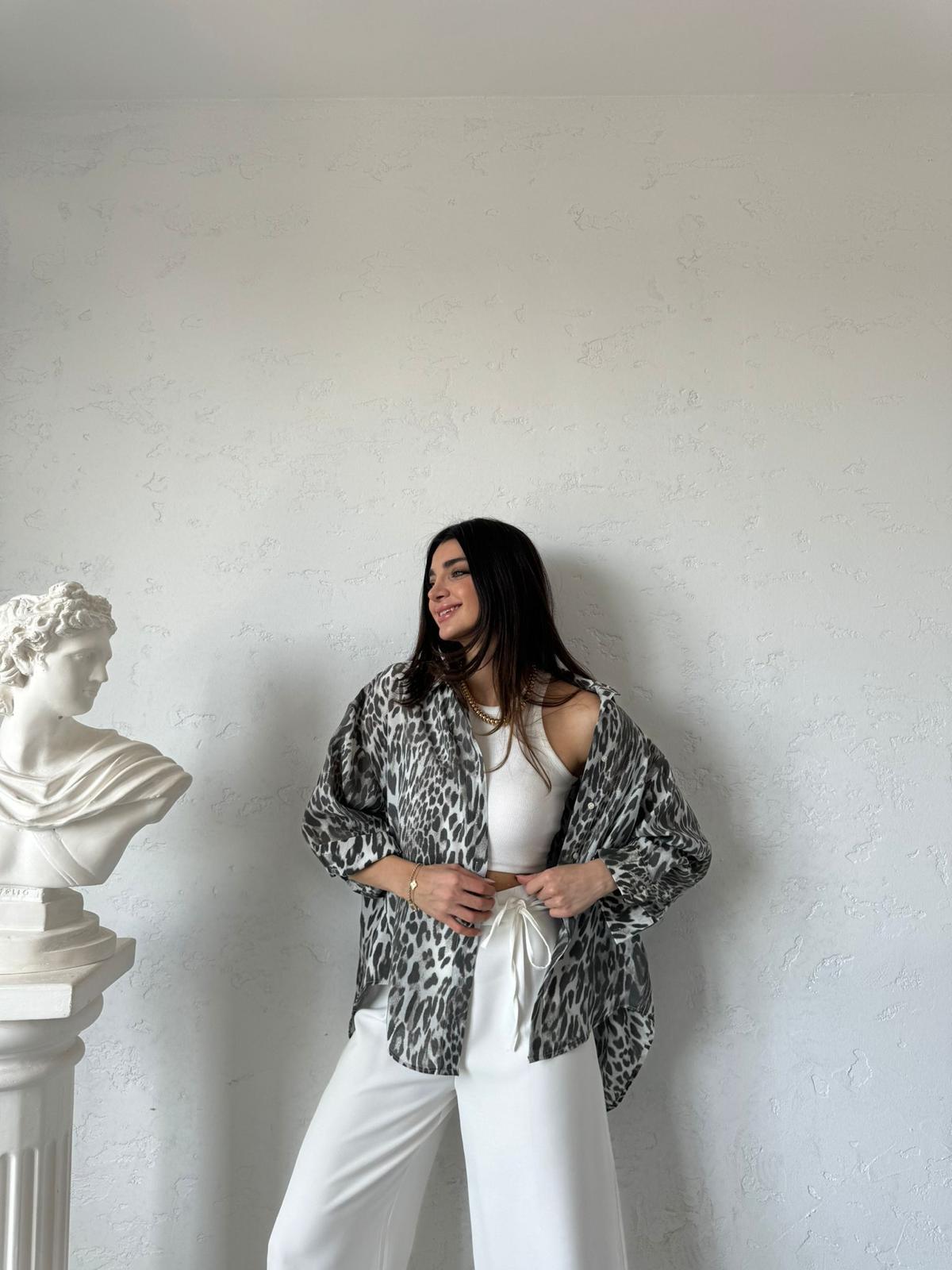 Vizon Leopar Desenli Oversize Gömlek