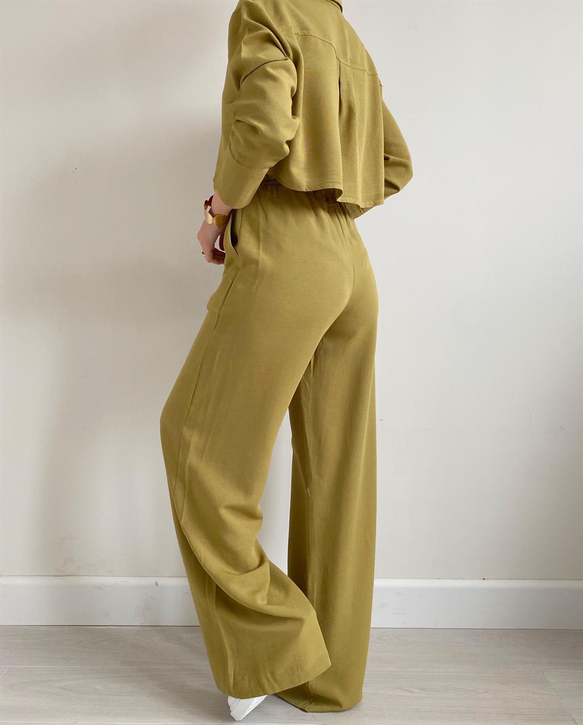Yağ Yeşili Crop Keten Takım