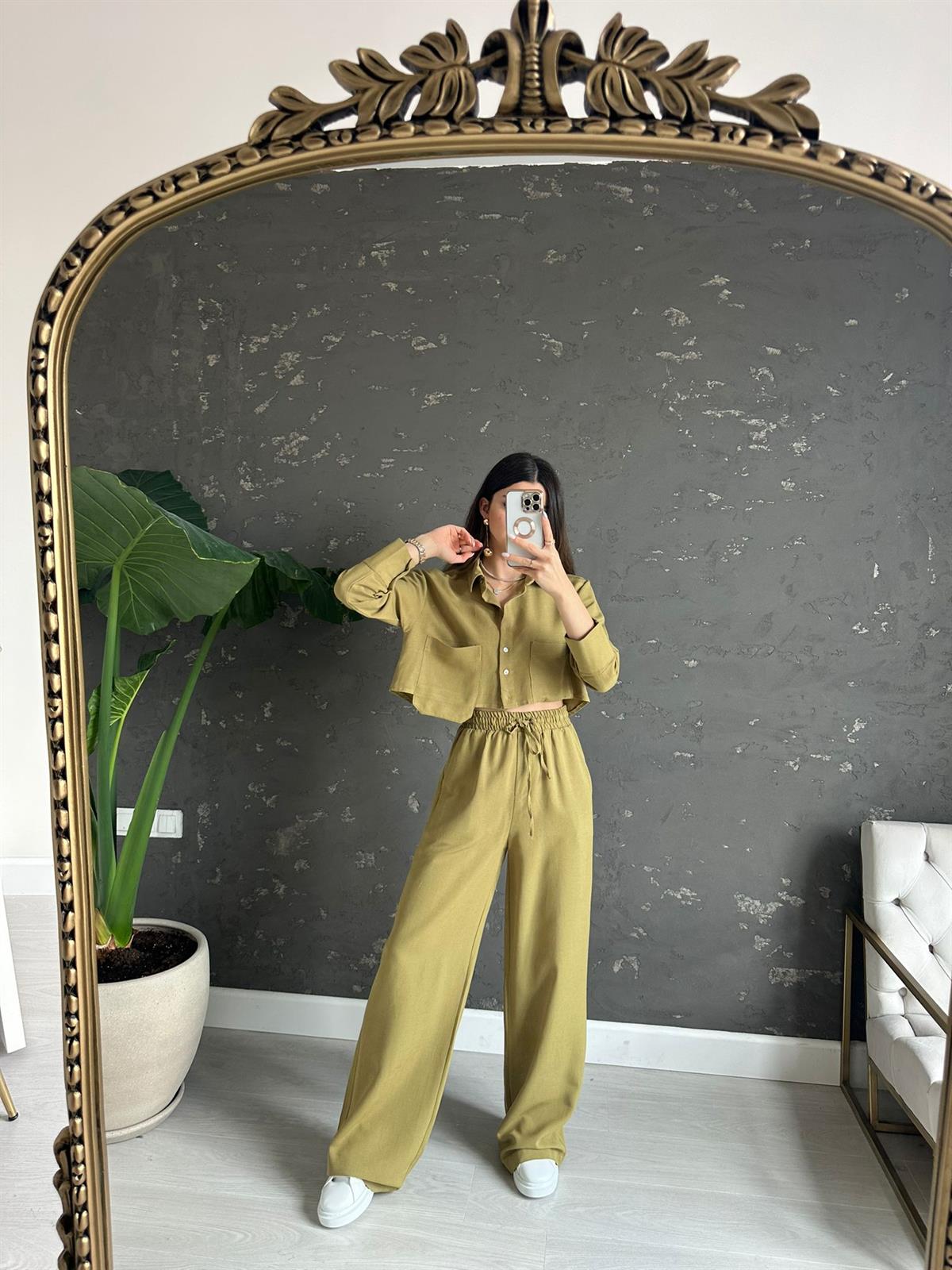 Yağ Yeşili Crop Keten Takım
