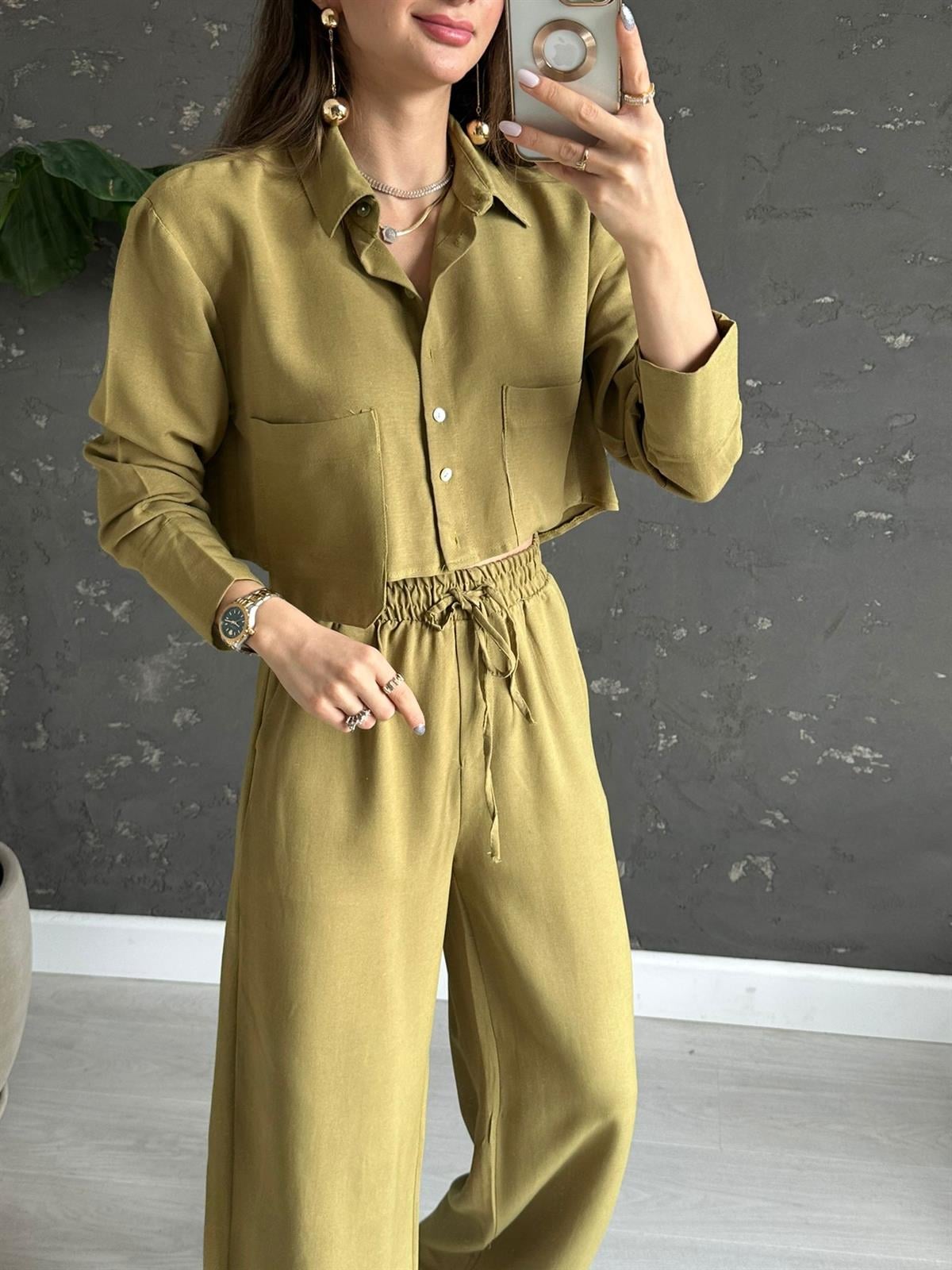 Yağ Yeşili Crop Keten Takım