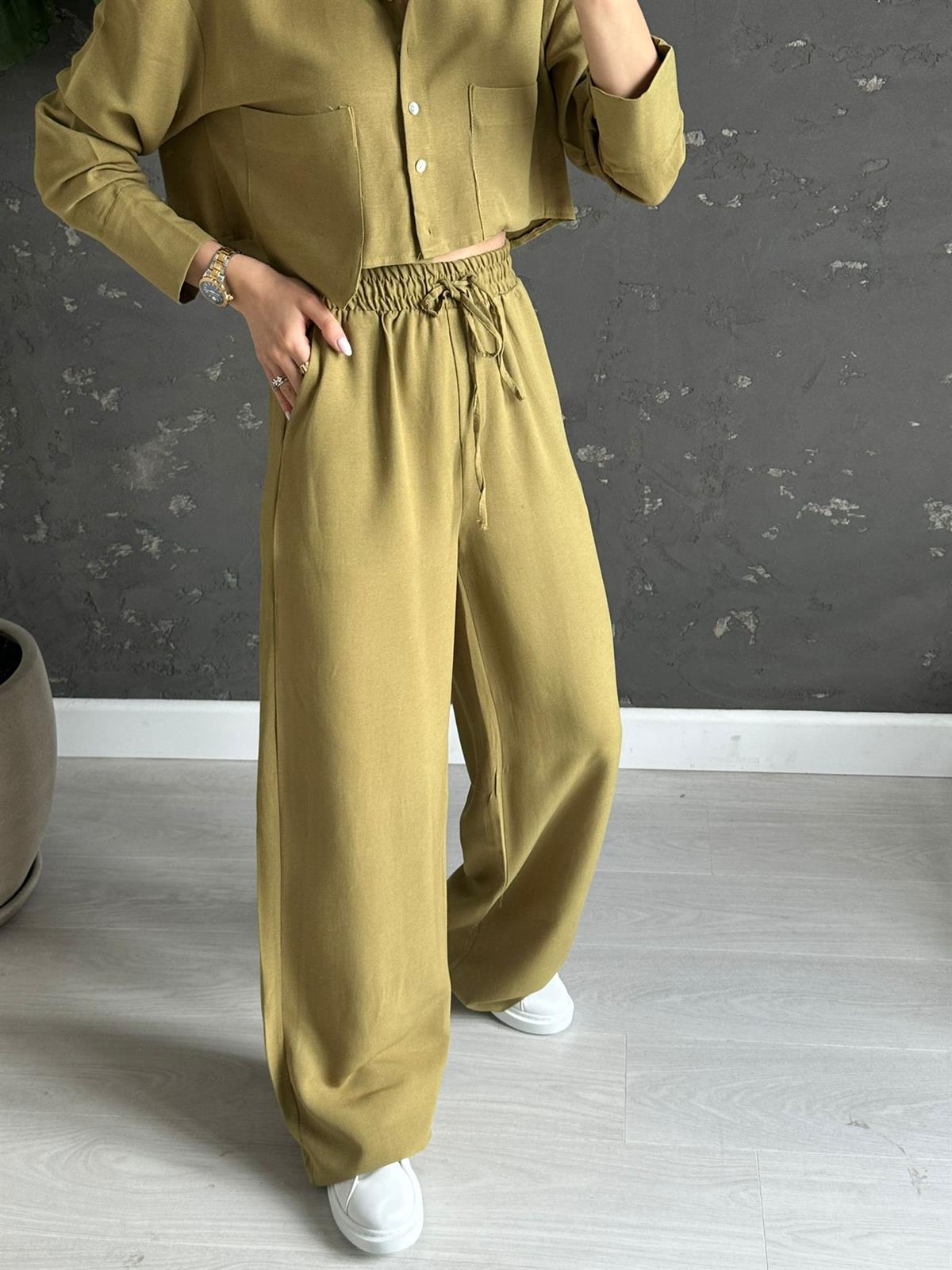 Yağ Yeşili Crop Keten Takım