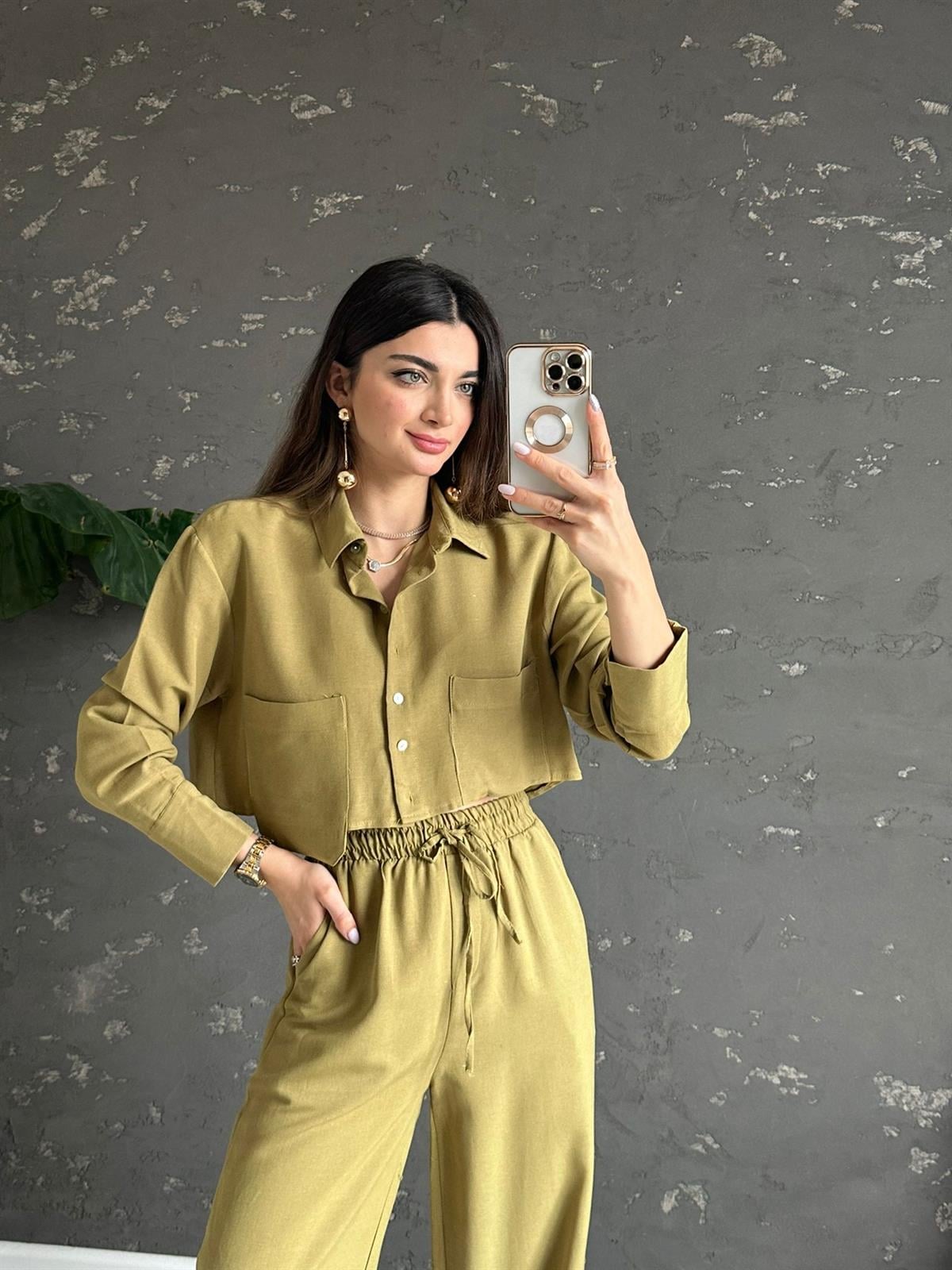 Yağ Yeşili Crop Keten Takım
