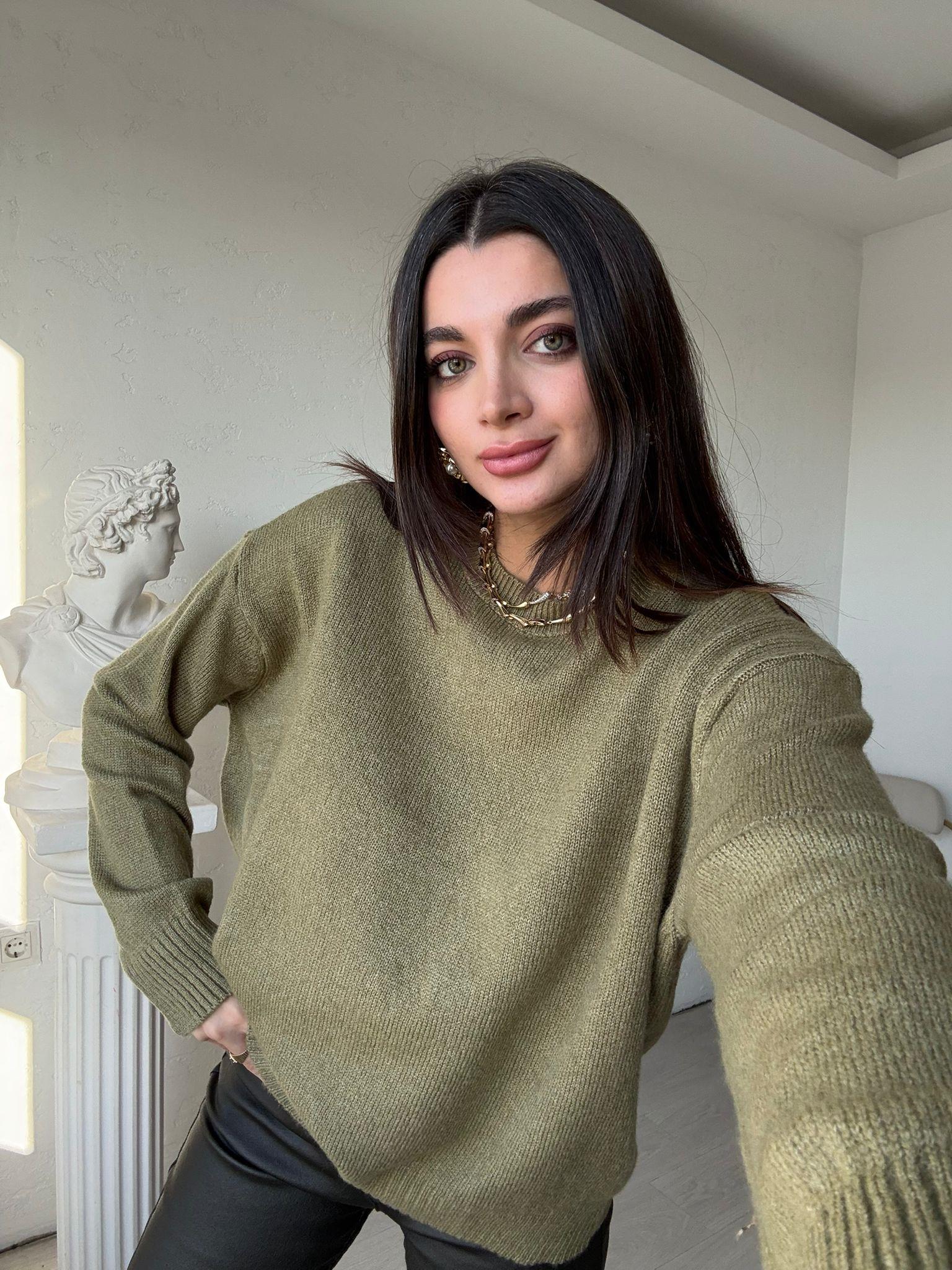 Yeşil Bisiklet Yaka Oversize Kazak
