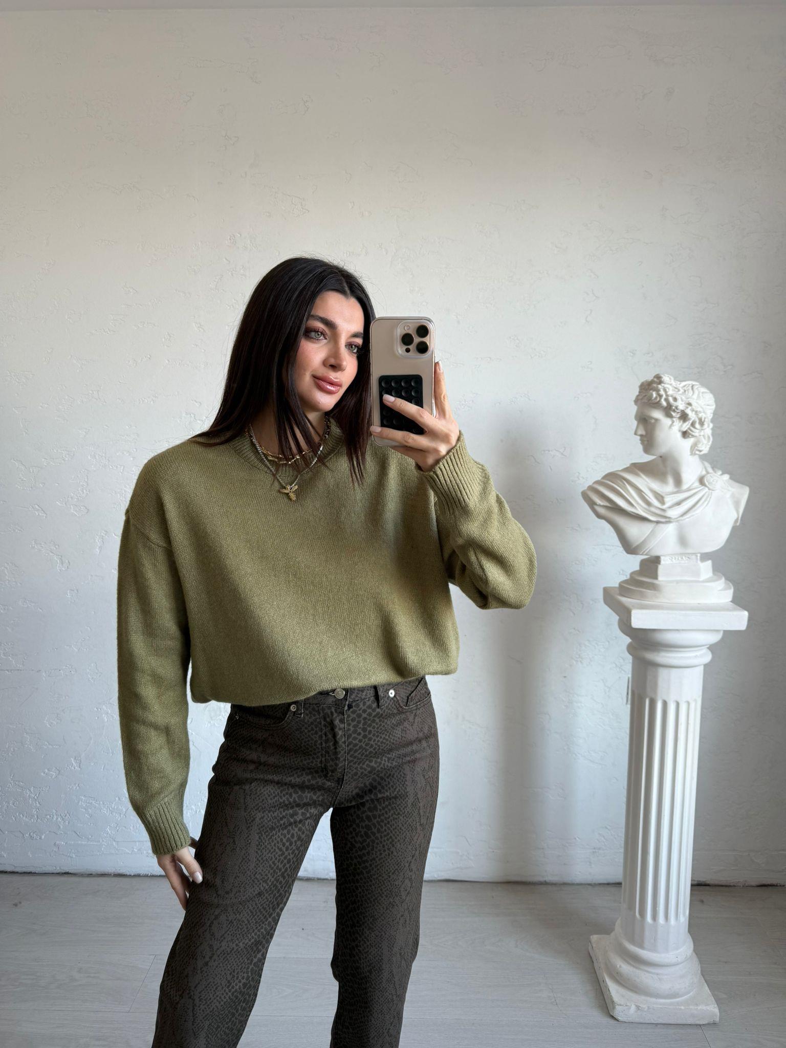 Yeşil Bisiklet Yaka Oversize Kazak