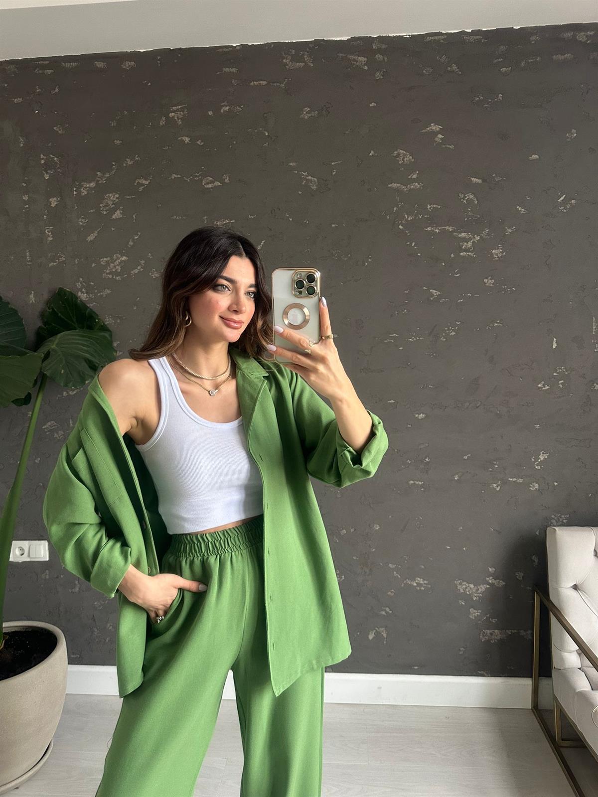 Yeşil Bol Paça Gömlek Takım