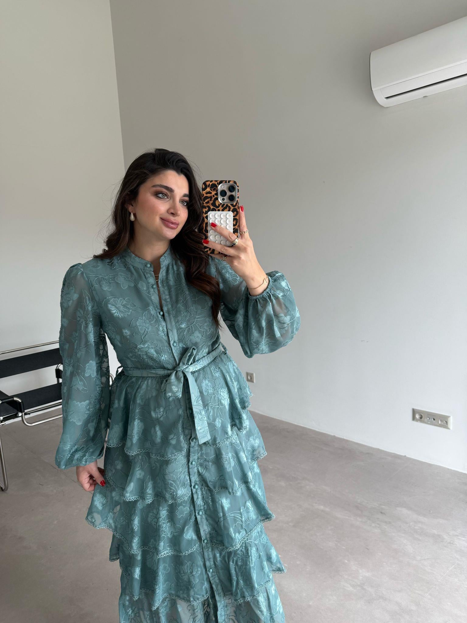 Yeşil Çiçekli Kat Kat Elbise