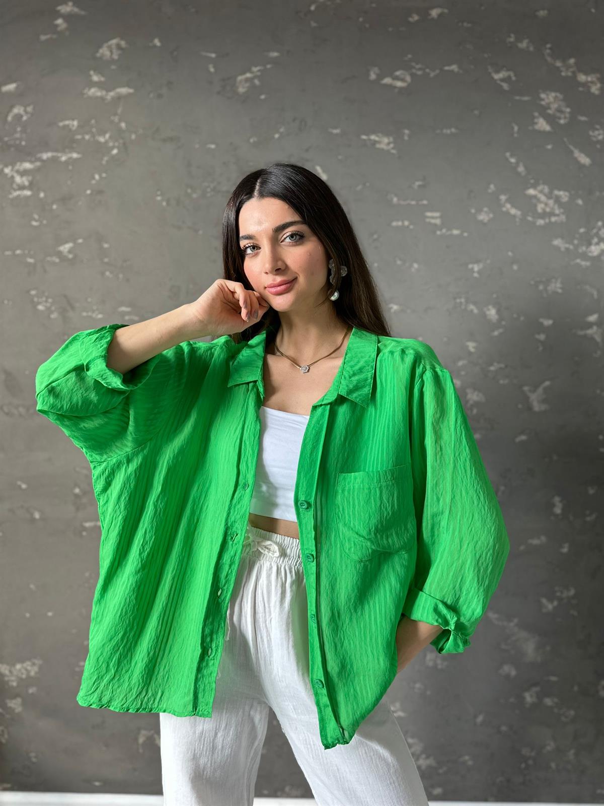 Yeşil Çizgili Oversize Mila Gömlek