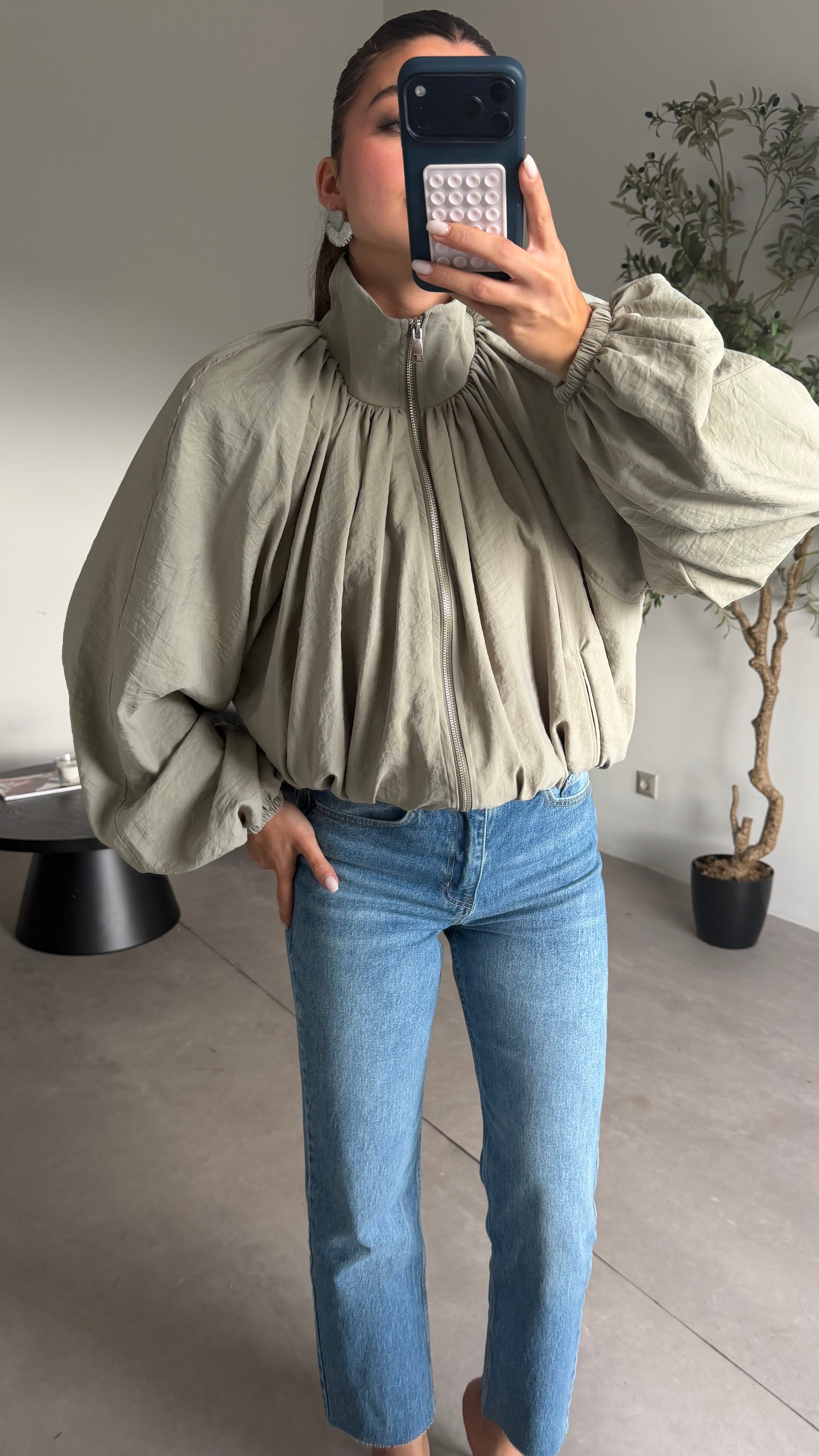 Yeşil Dik Yaka Beli Lastikli Bomber Ceket