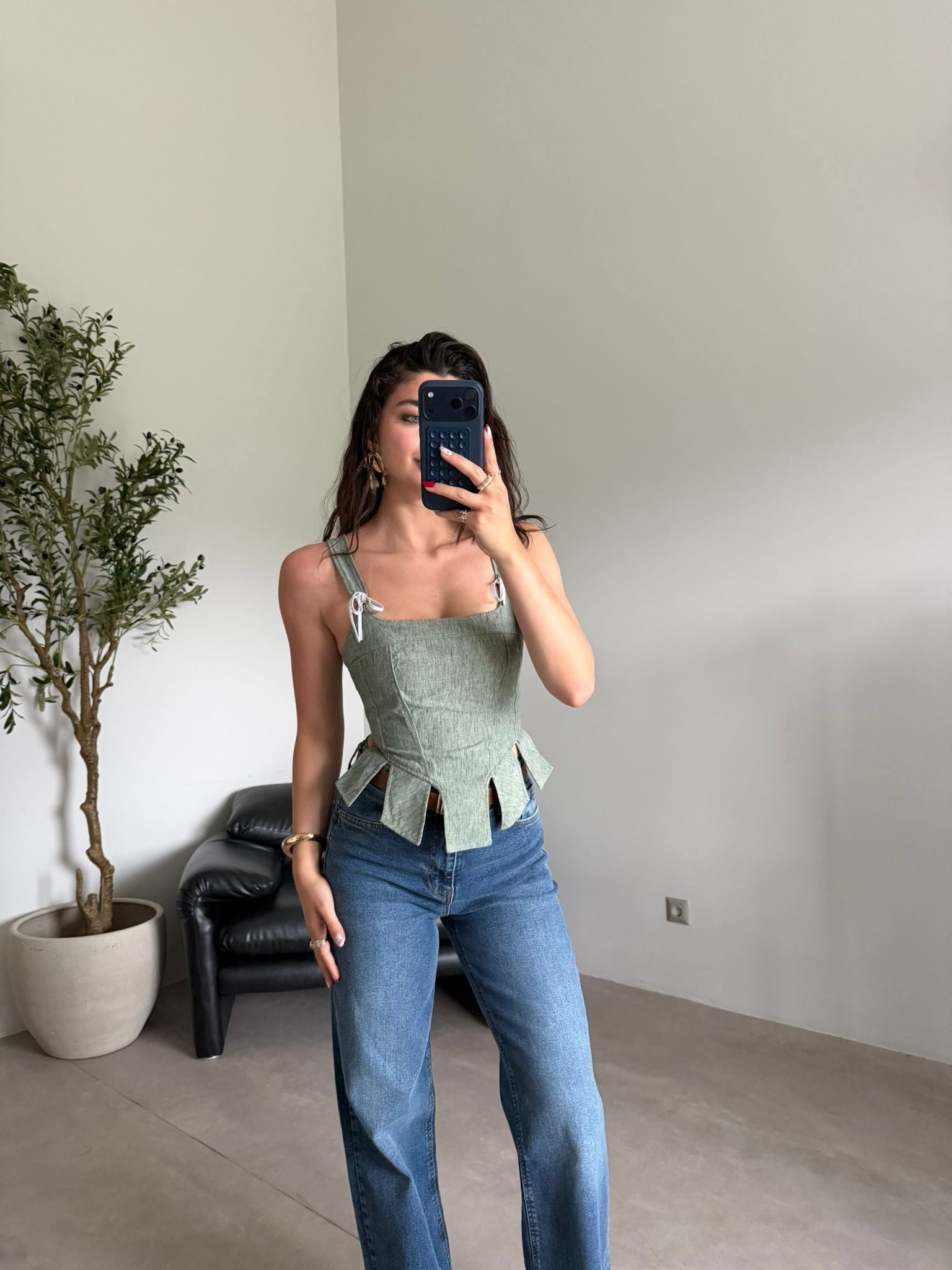 Yeşil İpli Keten Korse Bluz