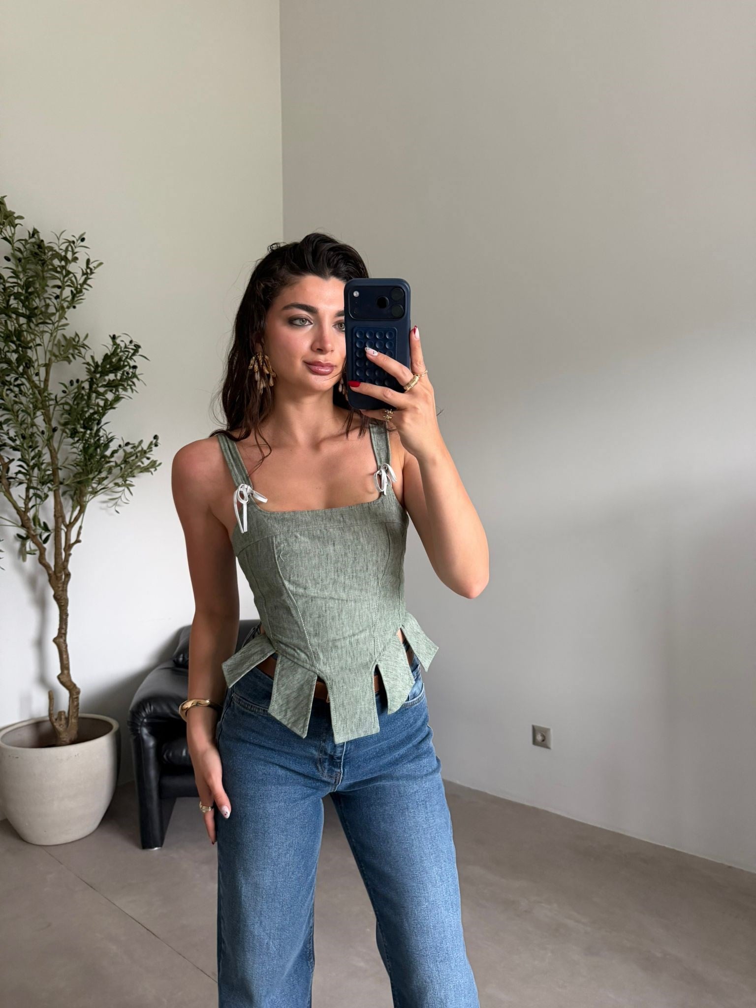 Yeşil İpli Keten Korse Bluz