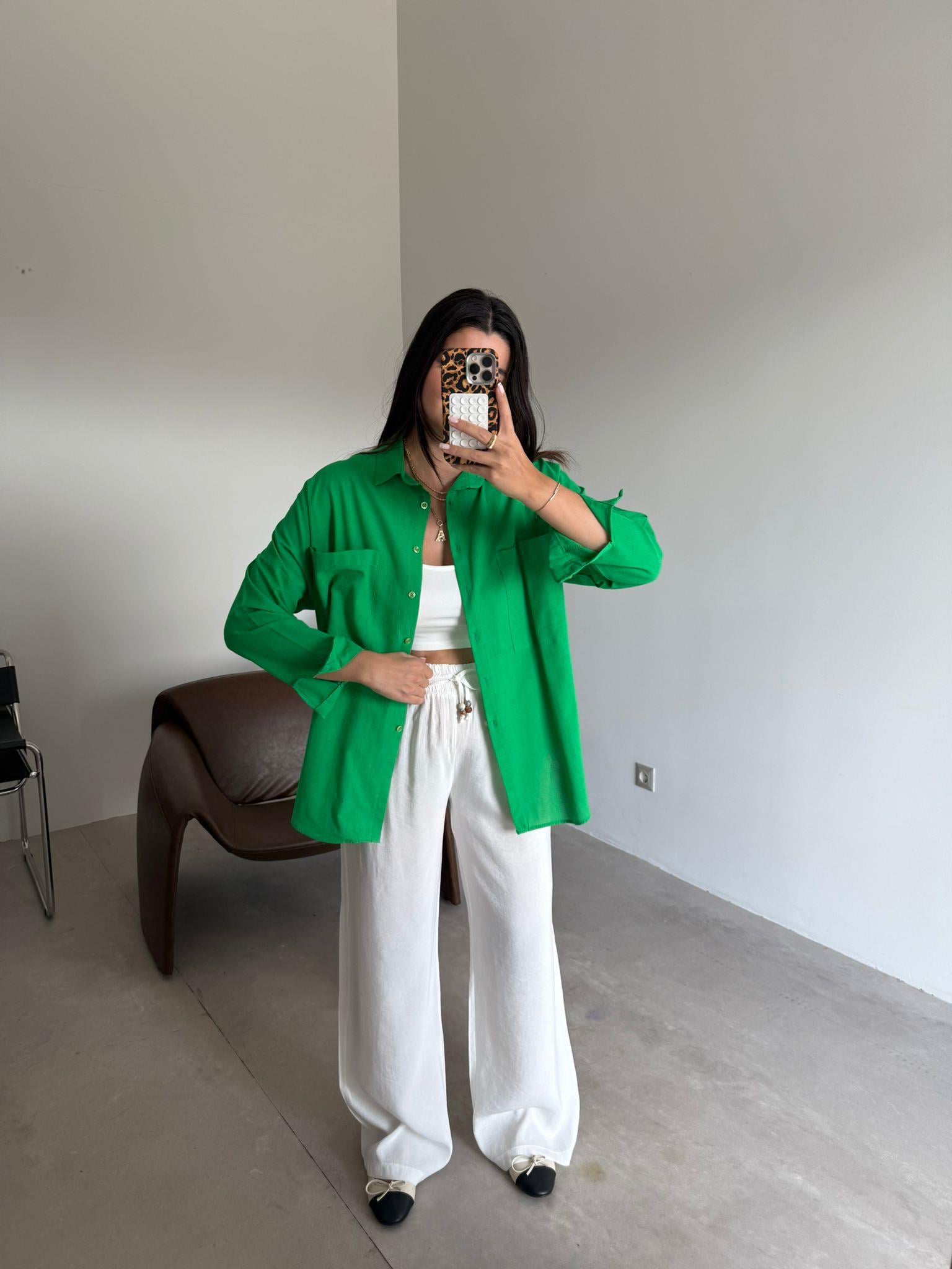 Yeşil Oversize Lena Keten Gömlek