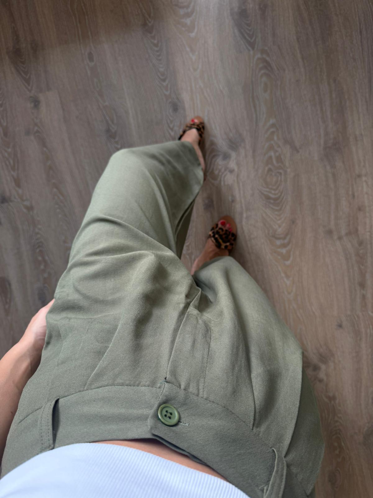 Yeşil Pileli Keten Şalvar Pantolon