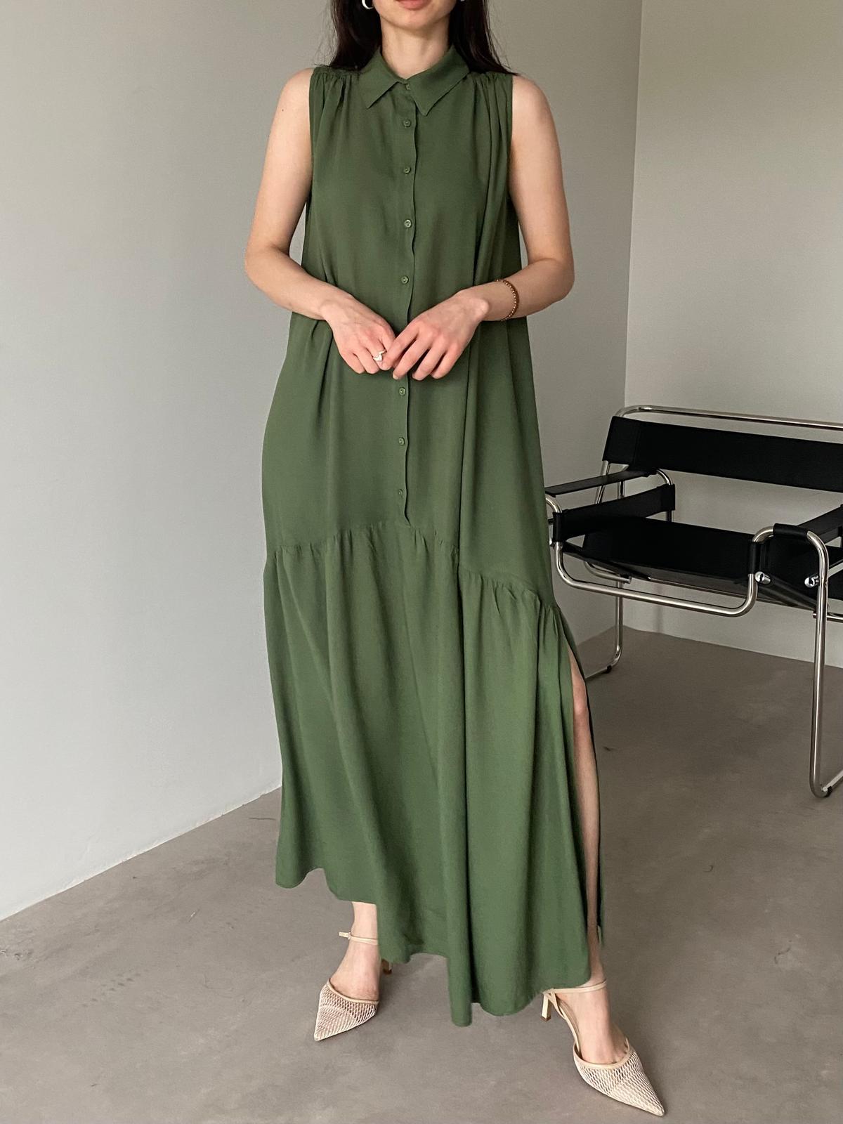 Yeşil Sıfır Kol Gömlek Elbise