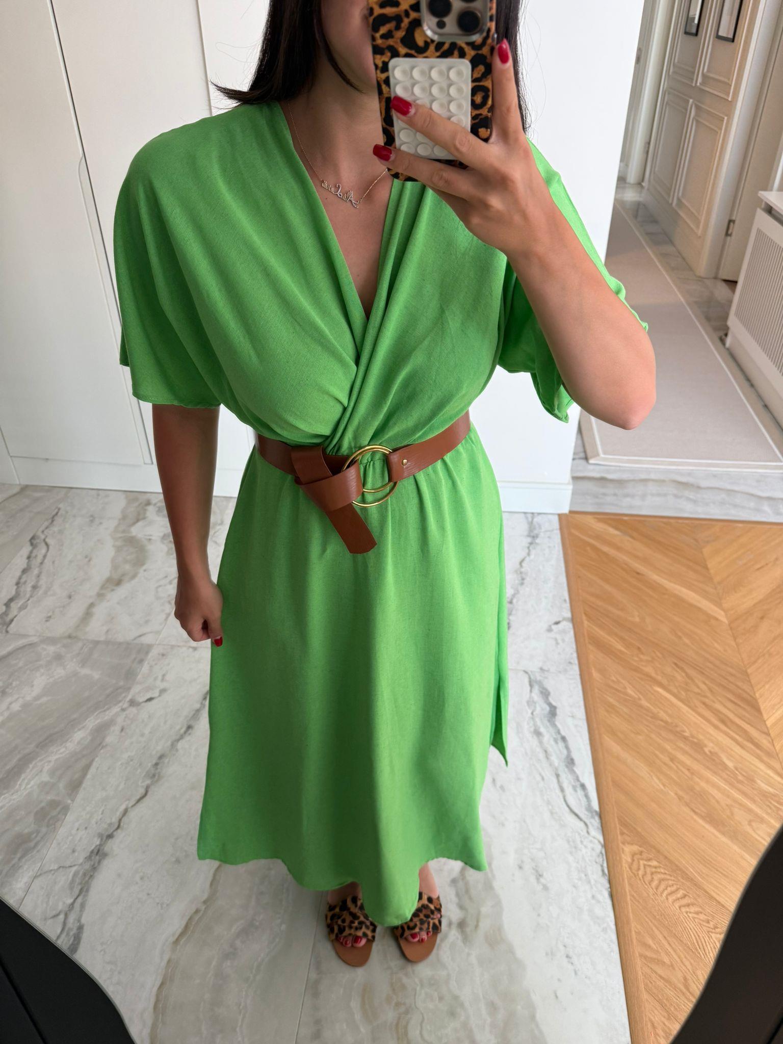Yeşil Yarasa Kol Kemerli Keten Elbise