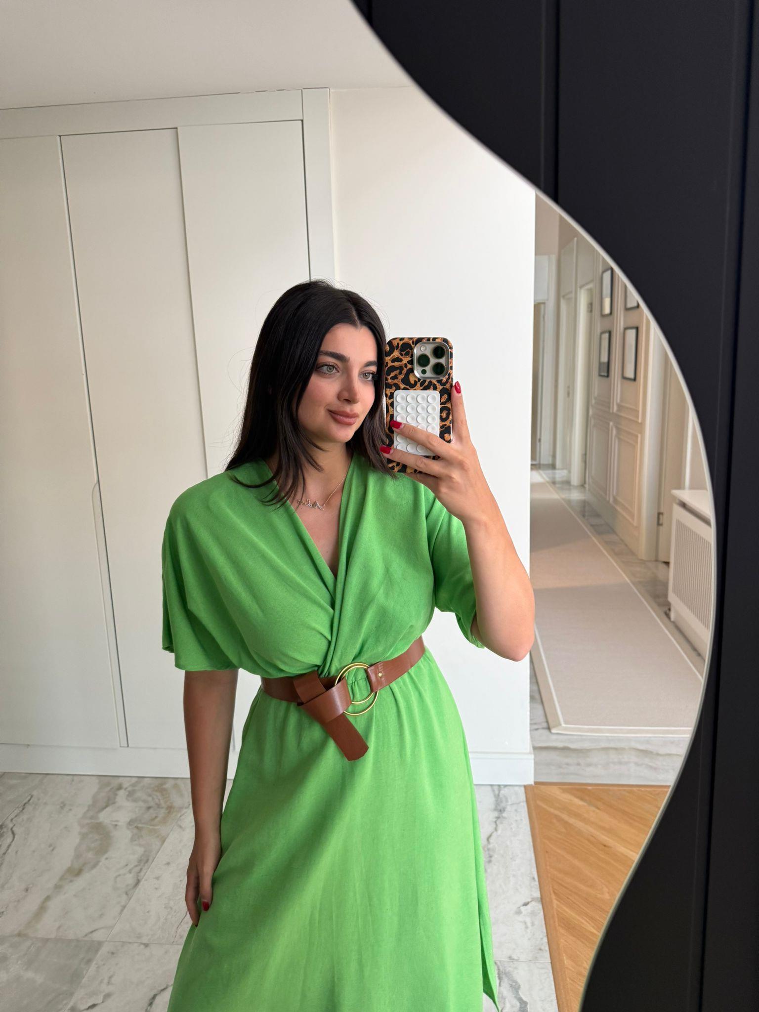 Yeşil Yarasa Kol Kemerli Keten Elbise