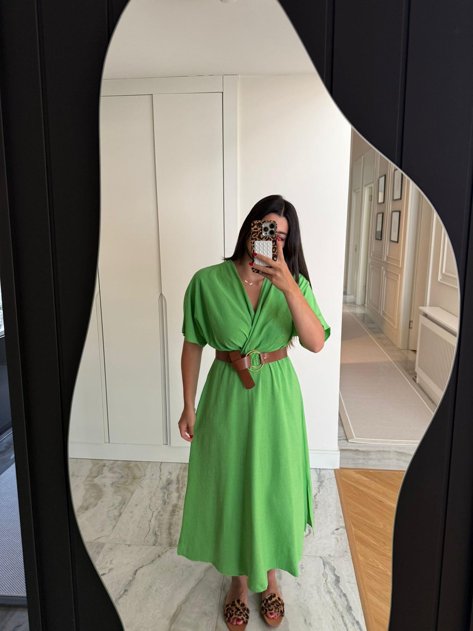 Yeşil Yarasa Kol Kemerli Keten Elbise