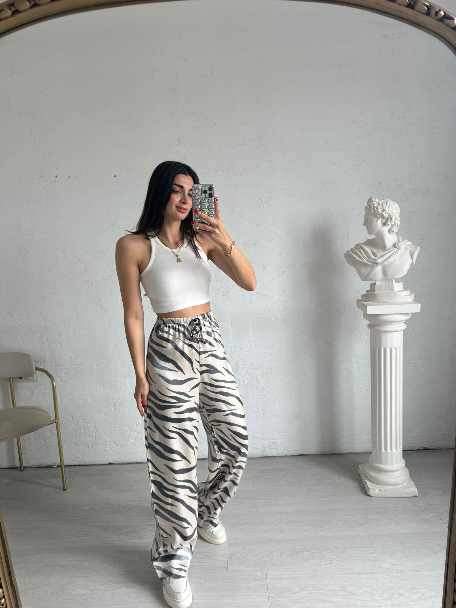 Zebra Desenli Parlak Pantolon