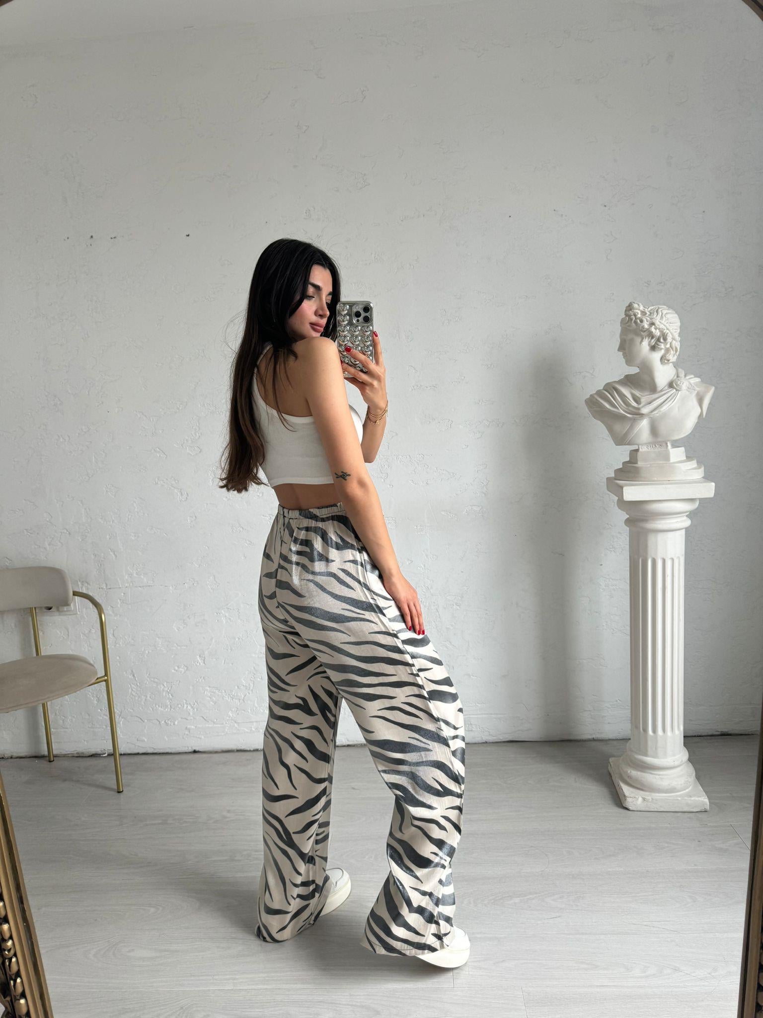 Zebra Desenli Parlak Pantolon