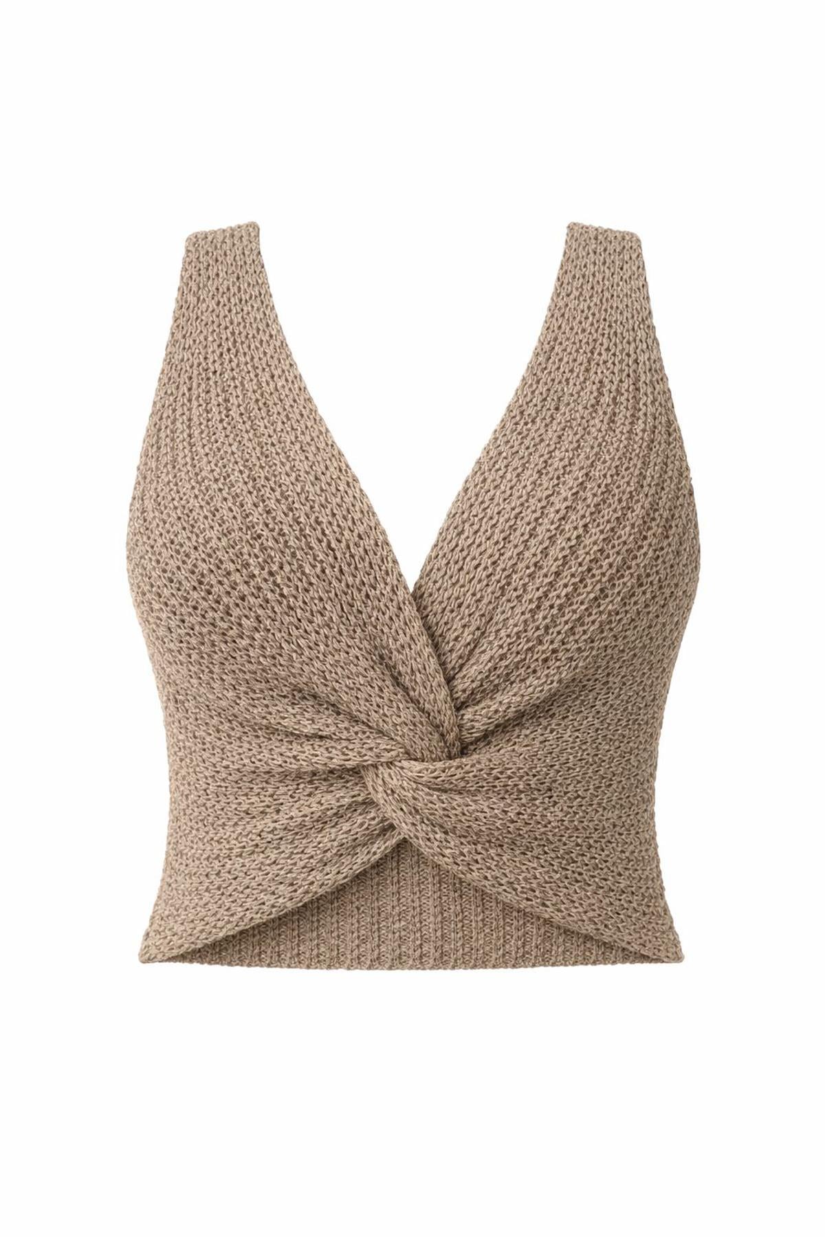 Ajurlu Twist Detaylı Crop Triko Üst Bej Yazlık V Yaka Kadın Triko Bluz