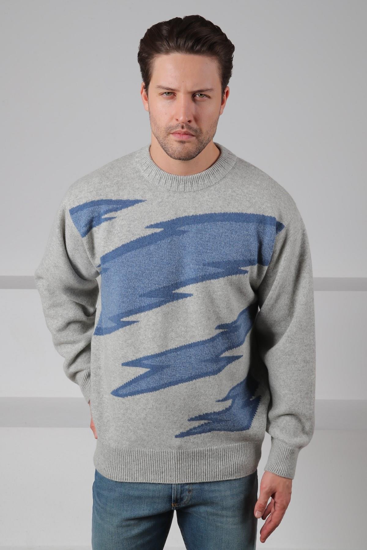 Ferraro A.Gri/Havacı Bisiklet Yaka Renk Bloklu Uzun Kollu %100 Kuzu Yünü Erkek Triko Kazak