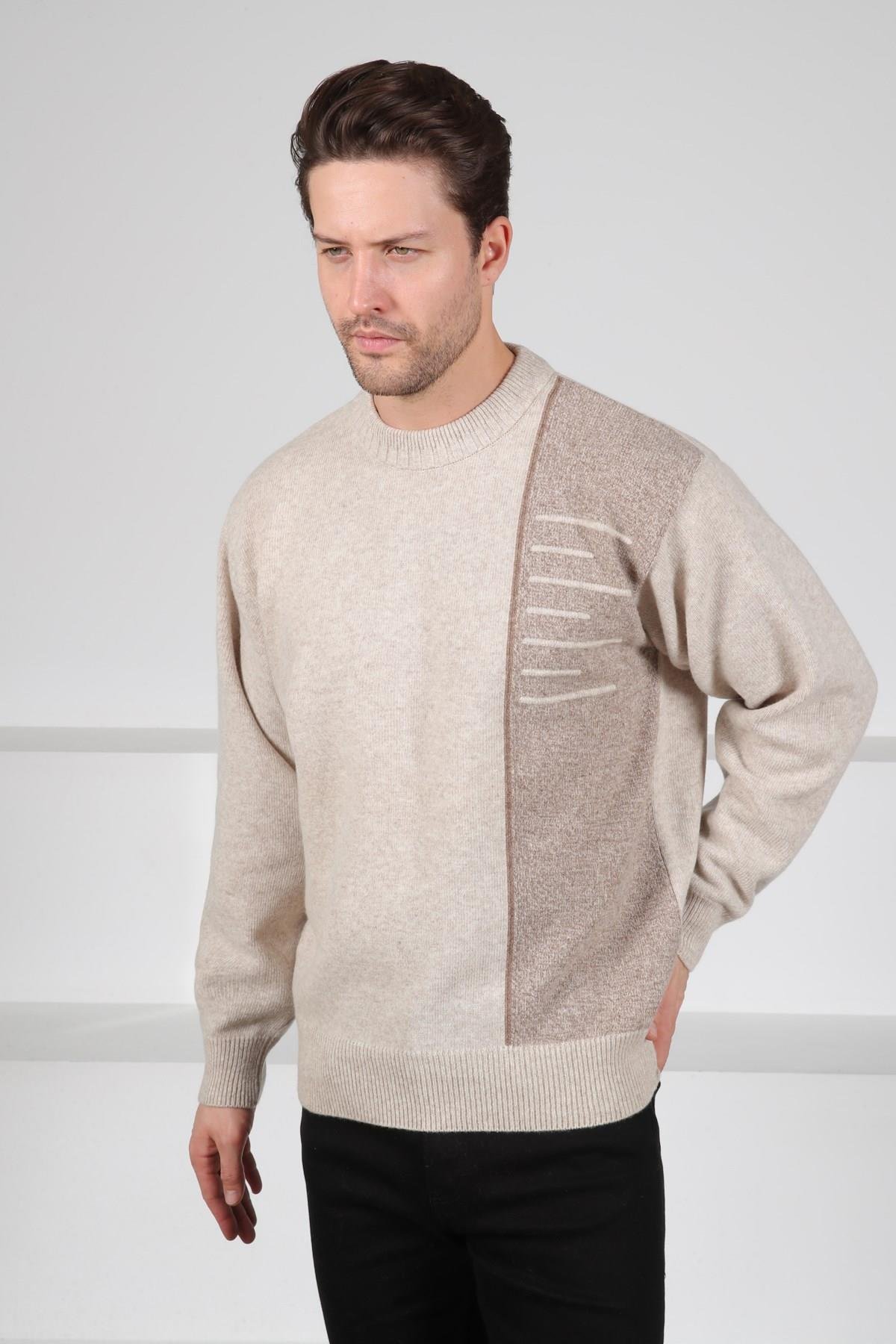 Ferraro A.Bej Bisiklet Yaka Çizgi Detaylı Uzun Kollu %100 Kuzu Yünü Erkek Triko Kazak