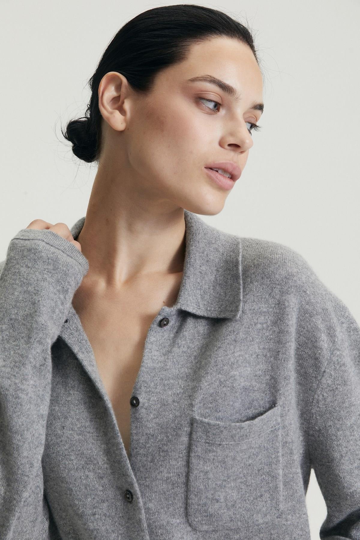 Ferraro A.Gri %100 Cashmere Gömlek Yaka Düğmeli Kadın Triko Ceket