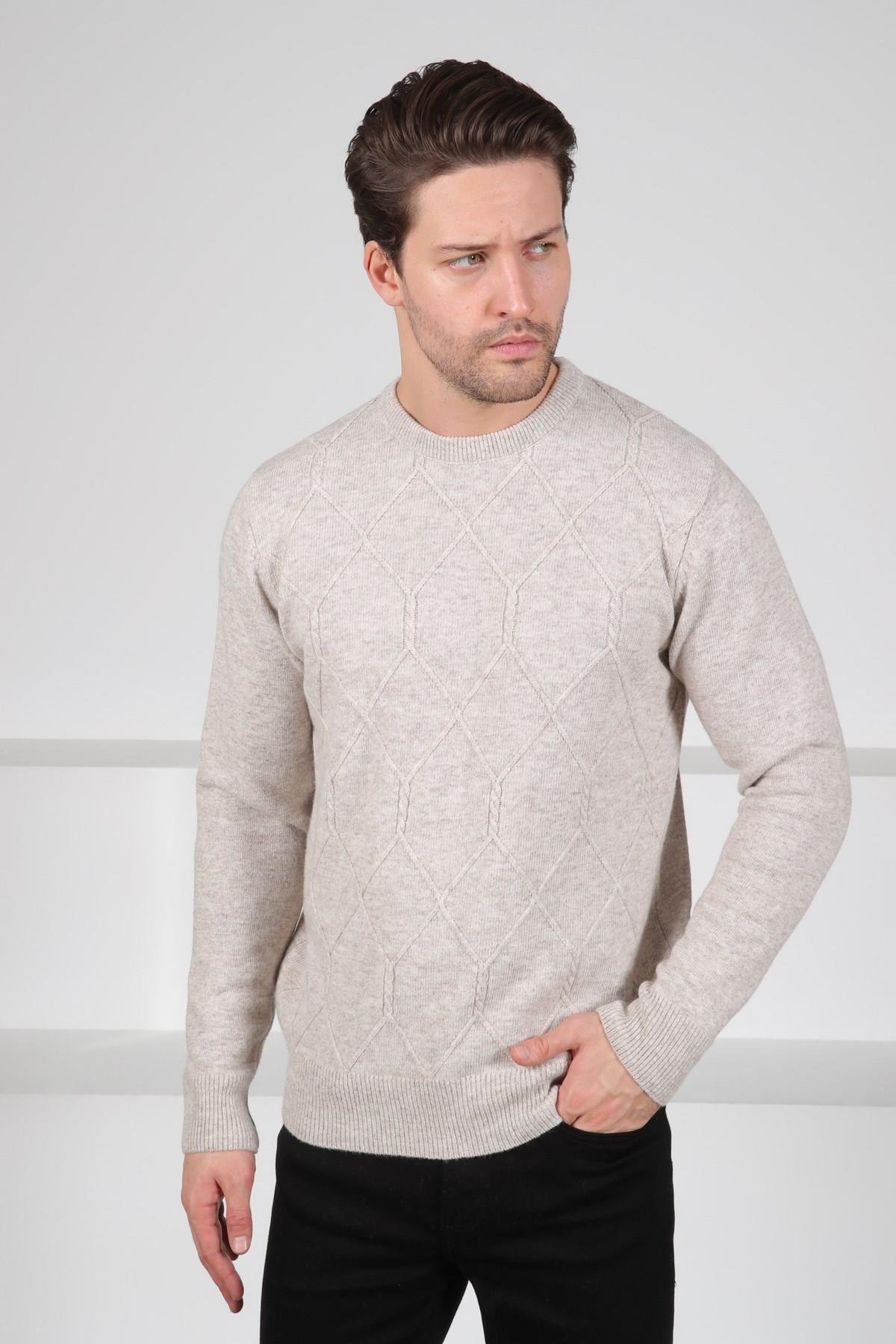 Ferraro A.Bej Bisiklet Yaka Kabartmalı Petek Desenli Uzun Kollu %100 Kuzu Yünü Erkek Triko Kazak
