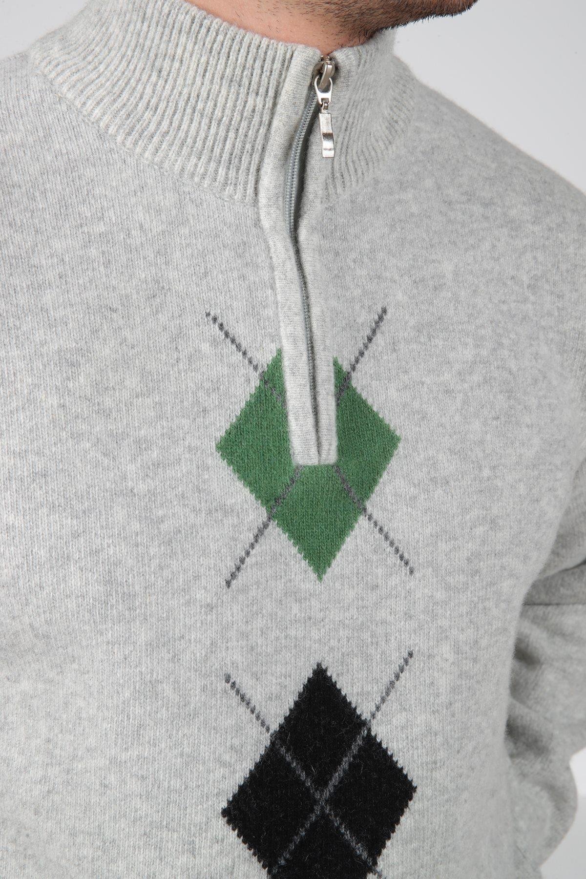 Ferraro A.Gri/Yeşil Balıkçı Yaka Fermuarlı Yeşil Siyah Desenli Uzun Kollu %100 Kuzu Yünü Erkek Triko Kazak