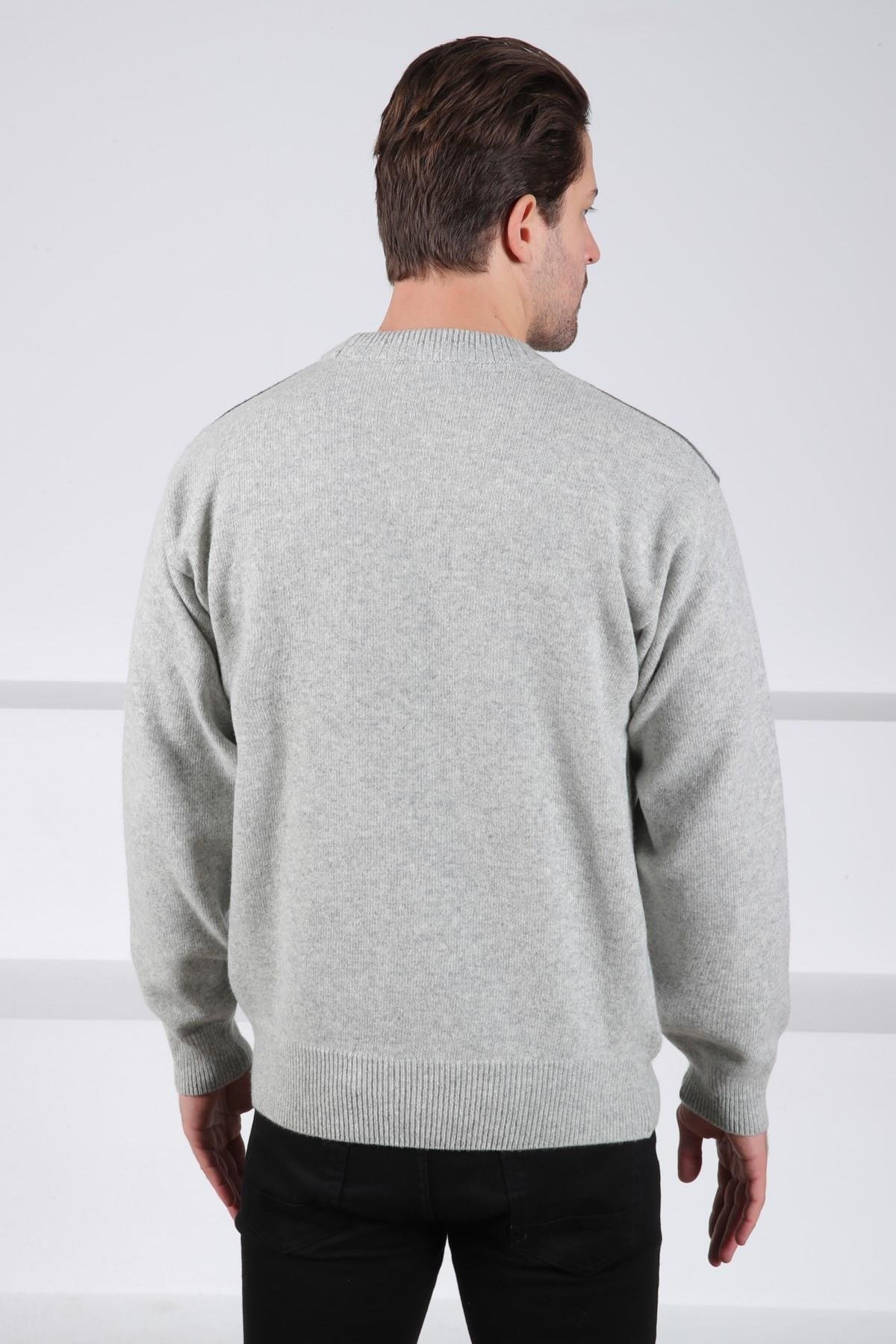 Ferraro A.Gri Bisiklet Yaka Renk Bloklu Uzun Kollu %100 Kuzu Yünü Erkek Triko Kazak