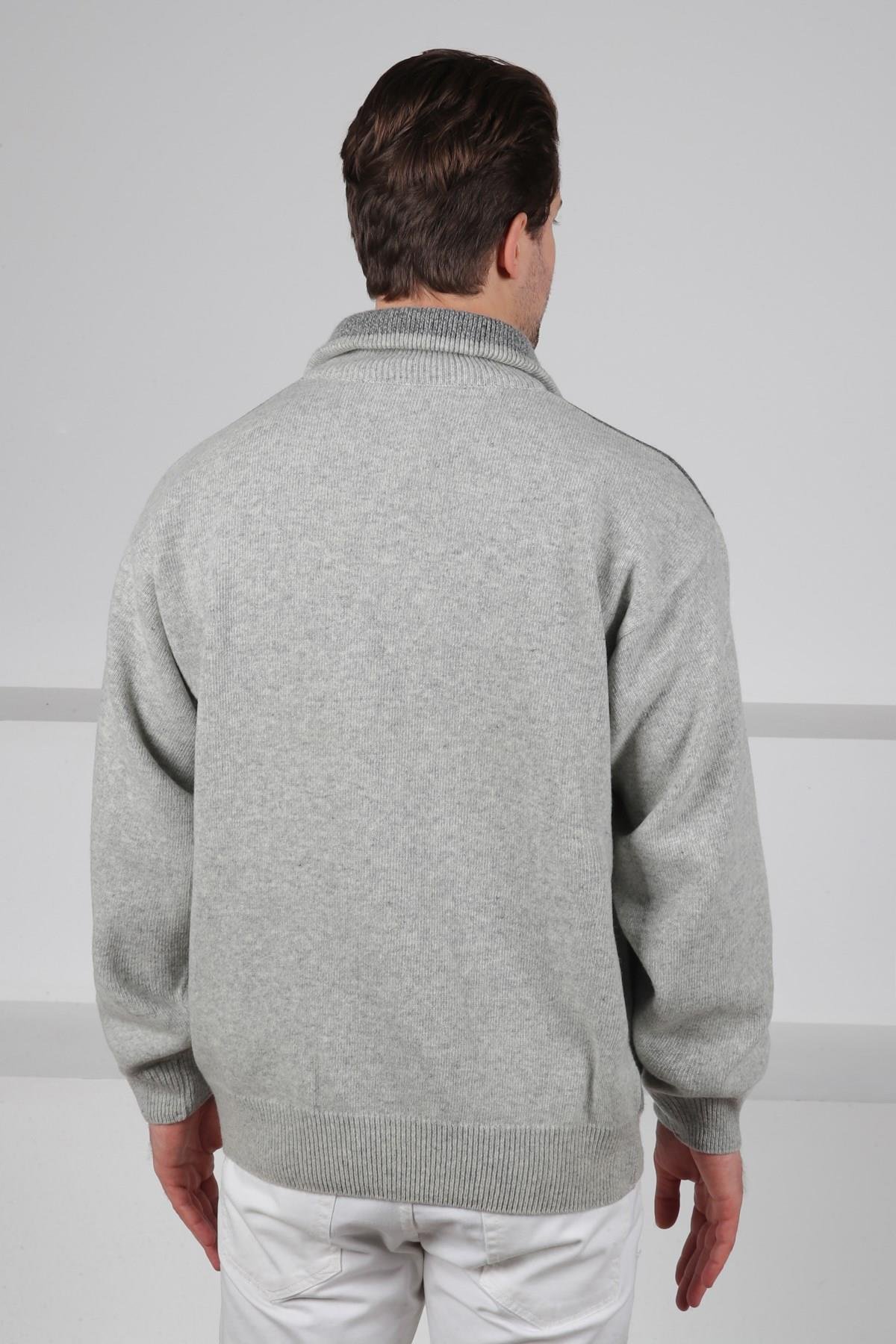 Ferraro A.Gri Balıkçı Yaka Fermuarlı OmuzLarı Renkli Uzun Kollu %100 Kuzu Yünü Erkek Triko Kazak