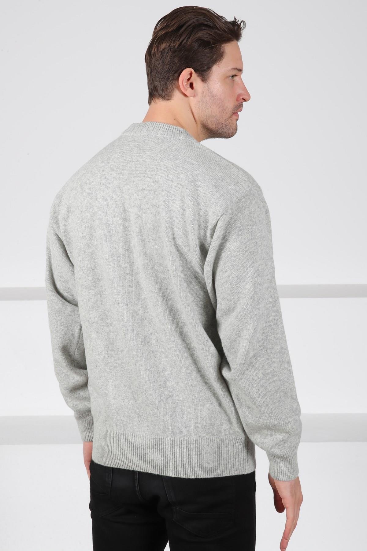 Ferraro A.Gri Bisiklet Yaka Çizgi Detaylı Uzun Kollu %100 Kuzu Yünü Erkek Triko Kazak