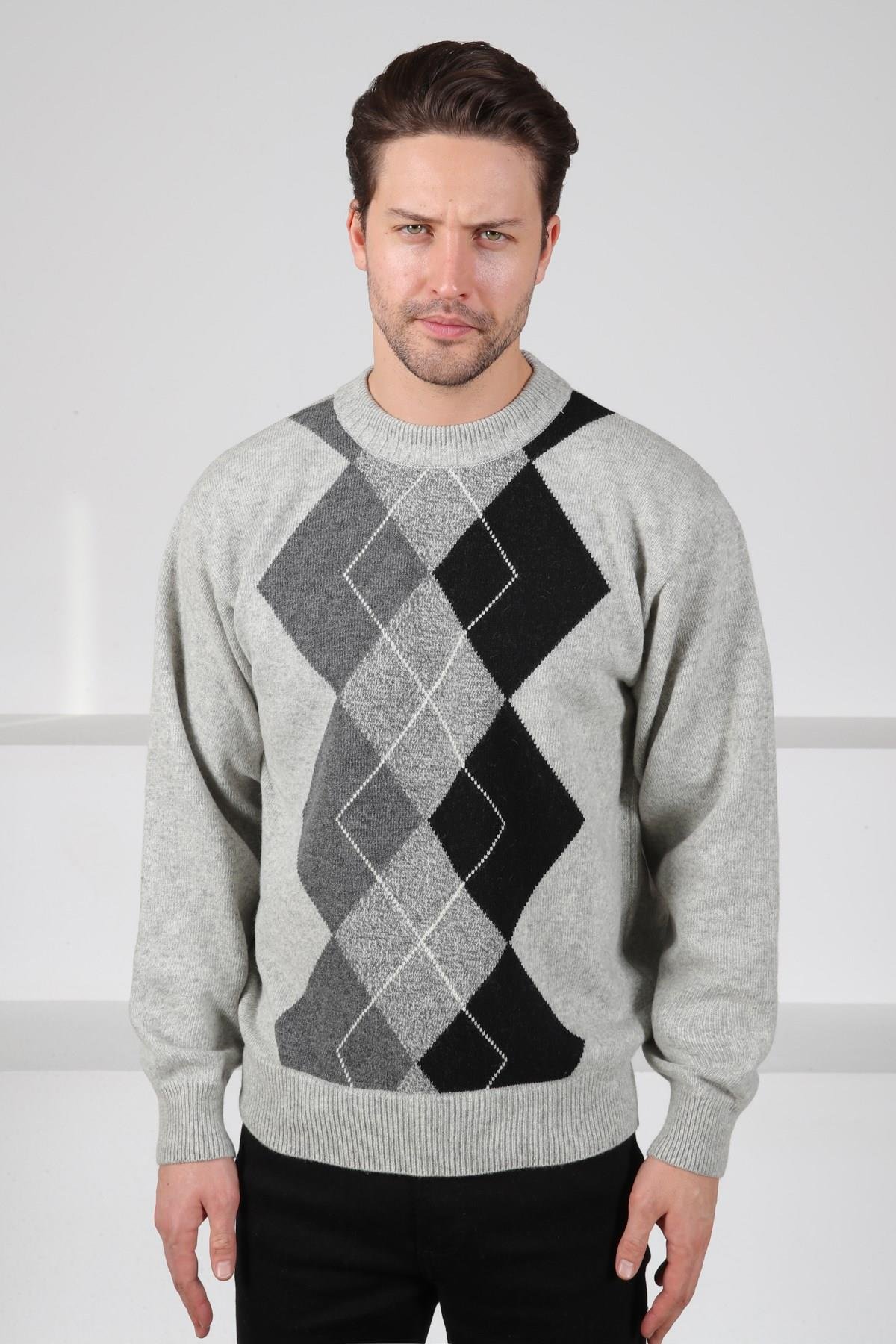 Ferraro A.Gri/Füme Bisiklet Yaka Geometrik Zigzag Desenli Uzun Kollu %100 Kuzu Yünü Erkek Triko Kazak
