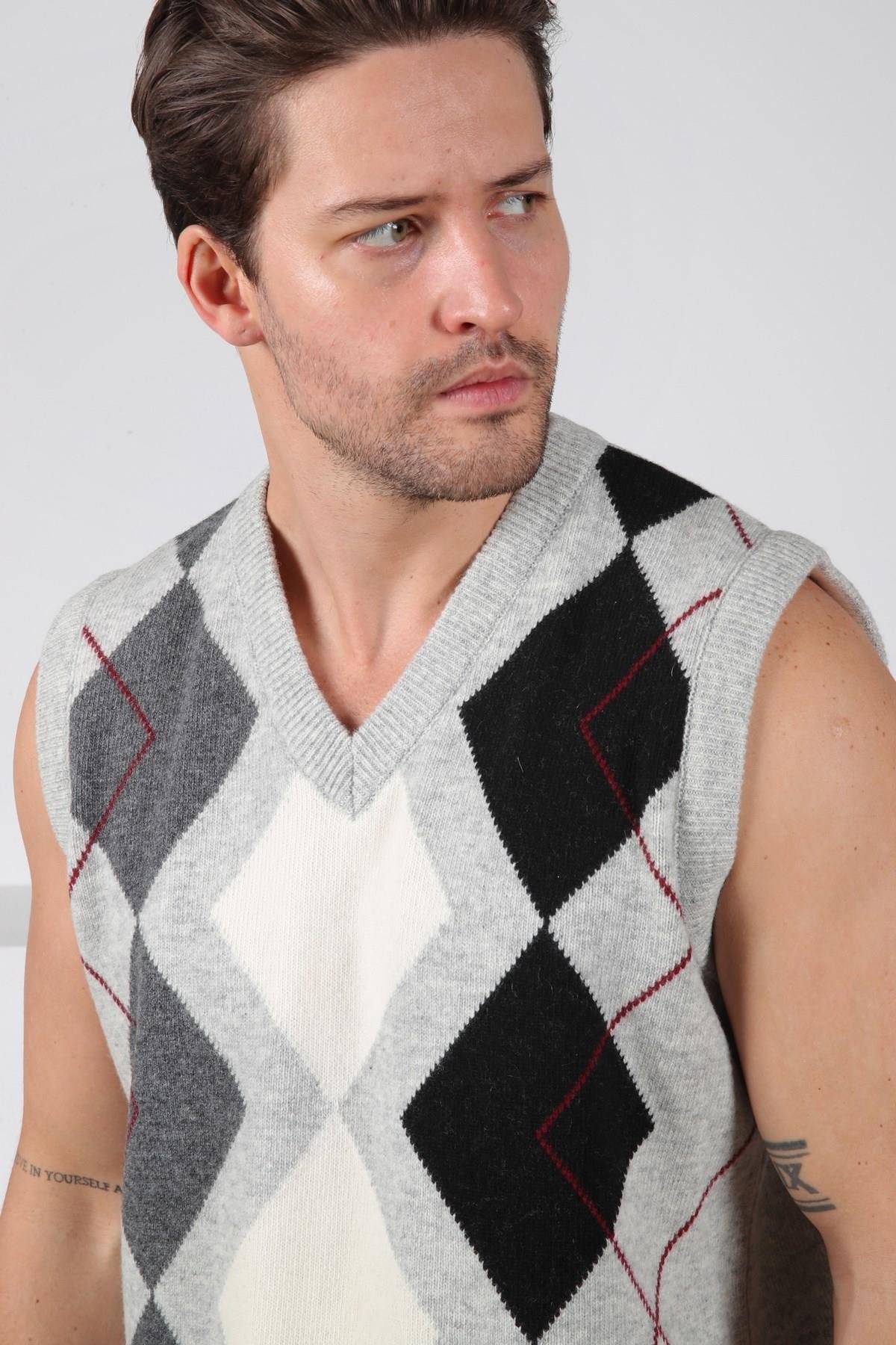 Ferraro A.Gri Baklava Desenli V Yaka %100 Kuzu Yünü Erkek Triko Süveter