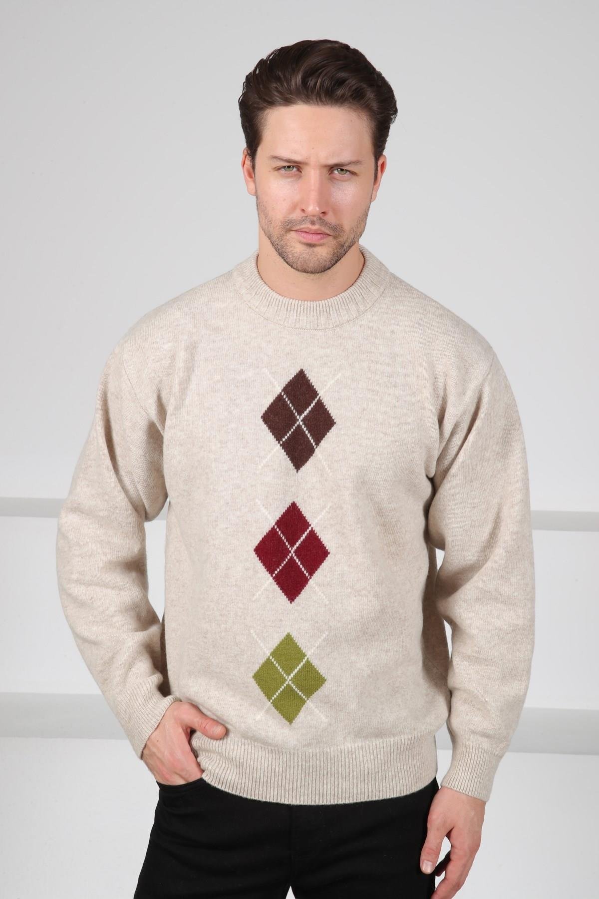 Ferraro A.Bej/Kahve Bisiklet Yaka Kahve Bordo Desenli Uzun Kollu %100 Kuzu Yünü Erkek Triko Kazak