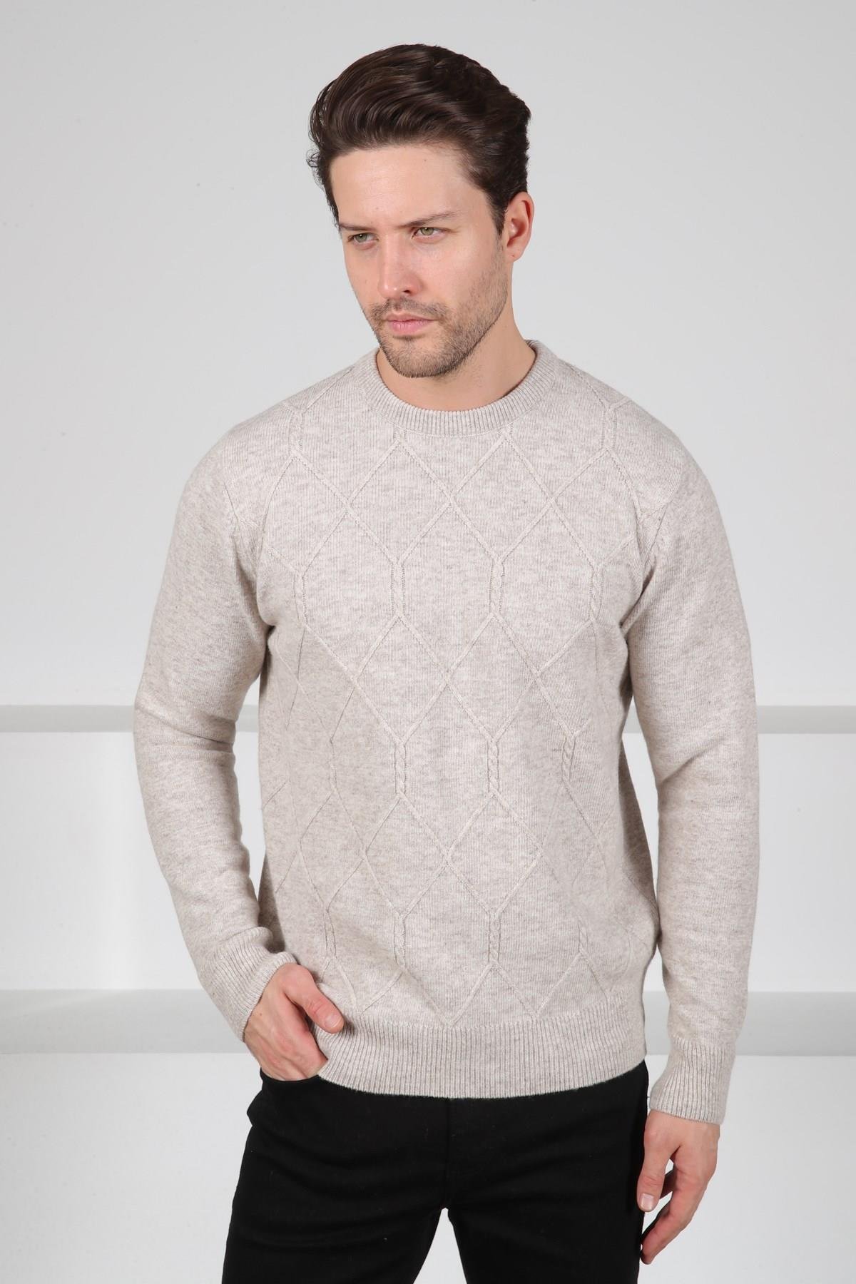 Ferraro A.Bej Bisiklet Yaka Kabartmalı Petek Desenli Uzun Kollu %100 Kuzu Yünü Erkek Triko Kazak