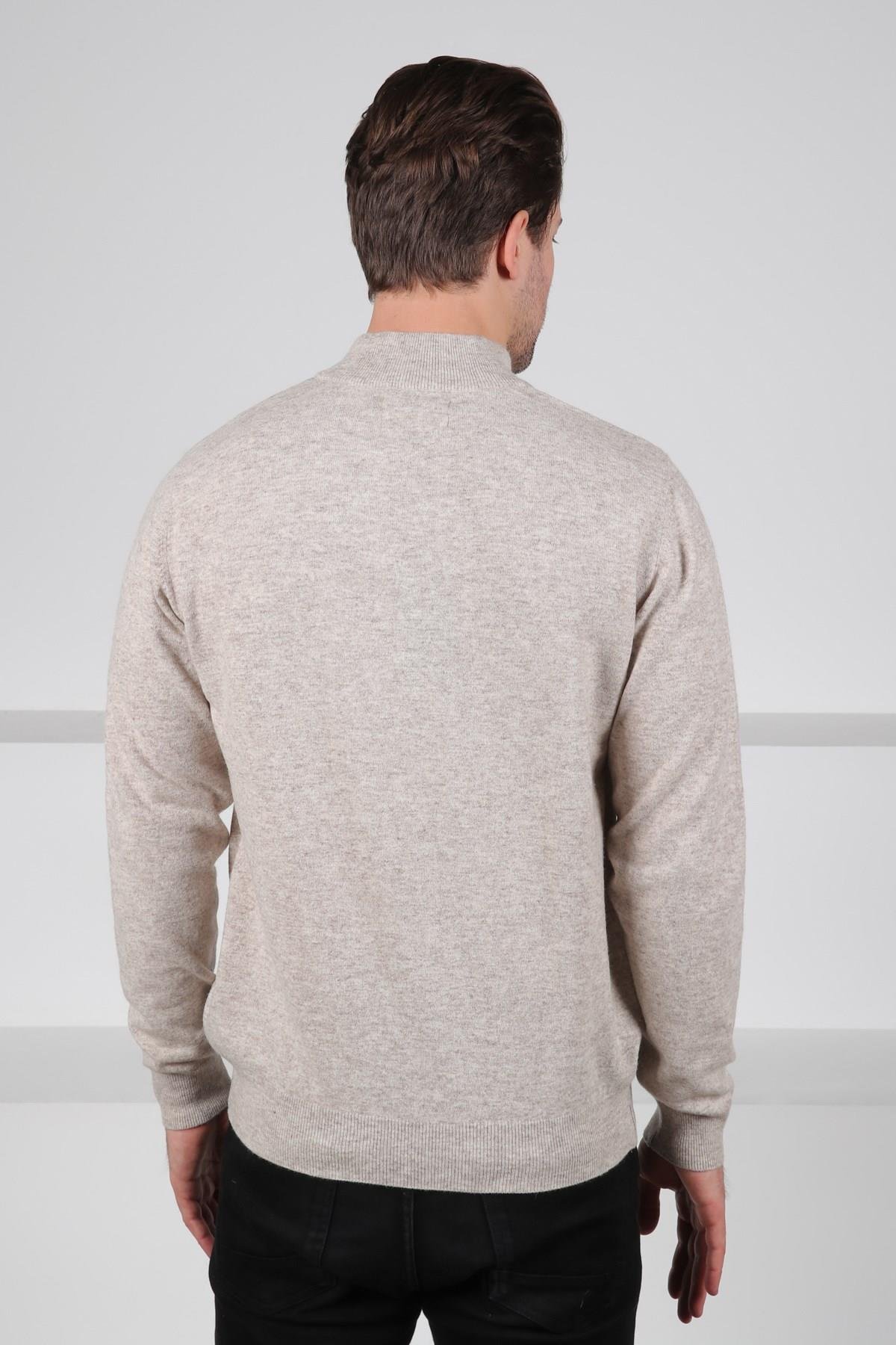 Ferraro A.Bej Düğmeli Yarım Balıkçı Yaka Uzun Kollu %100 Kuzu Yünü Erkek Triko Kazak