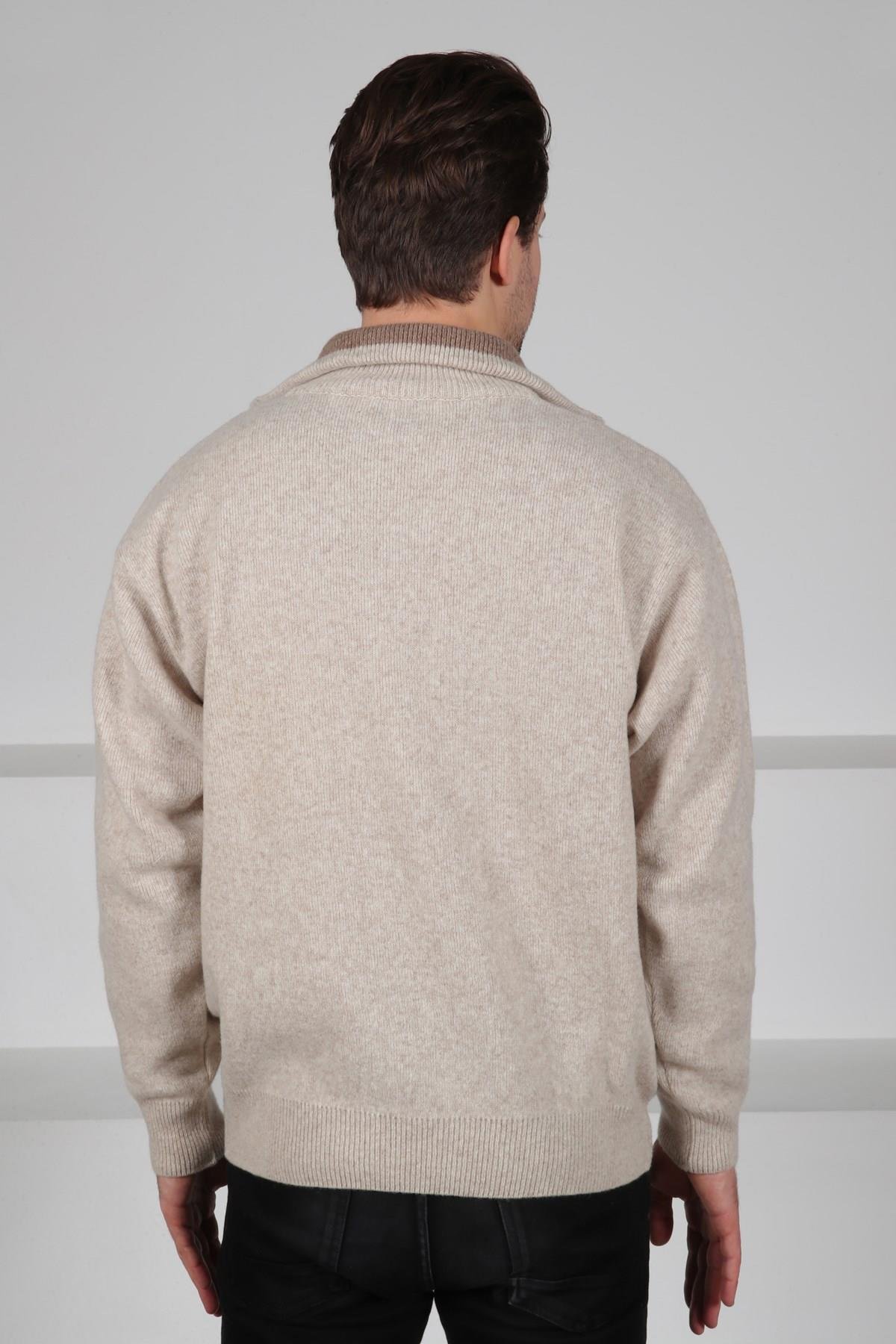 Ferraro A.Bej Balıkçı Yaka Fermuarlı Önü Çizgili Uzun Kollu %100 Kuzu Yünü Erkek Triko Kazak