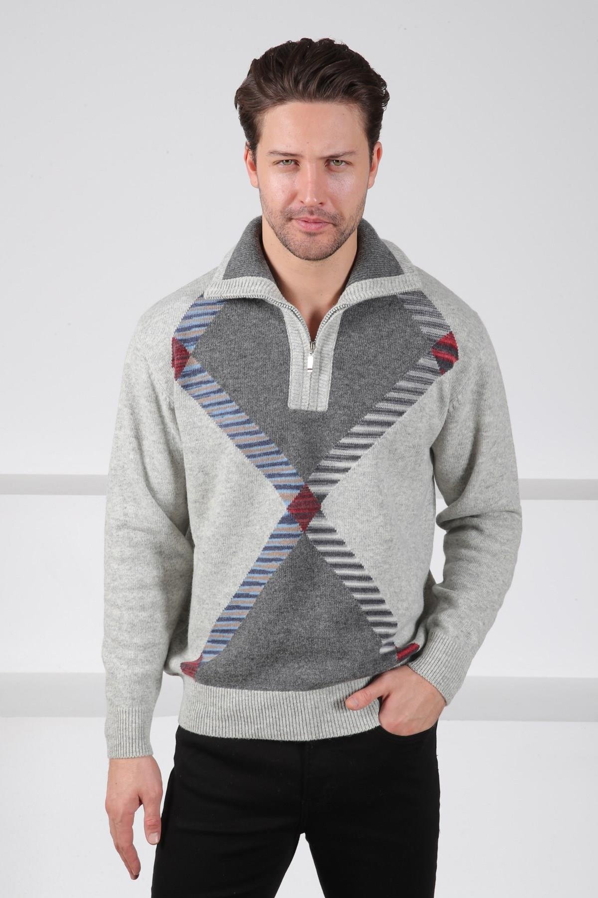Ferraro A.Gri Balıkçı Yaka Fermuarlı Geometrik Desenli Uzun Kollu %100 Kuzu Yünü Erkek Triko Kazak