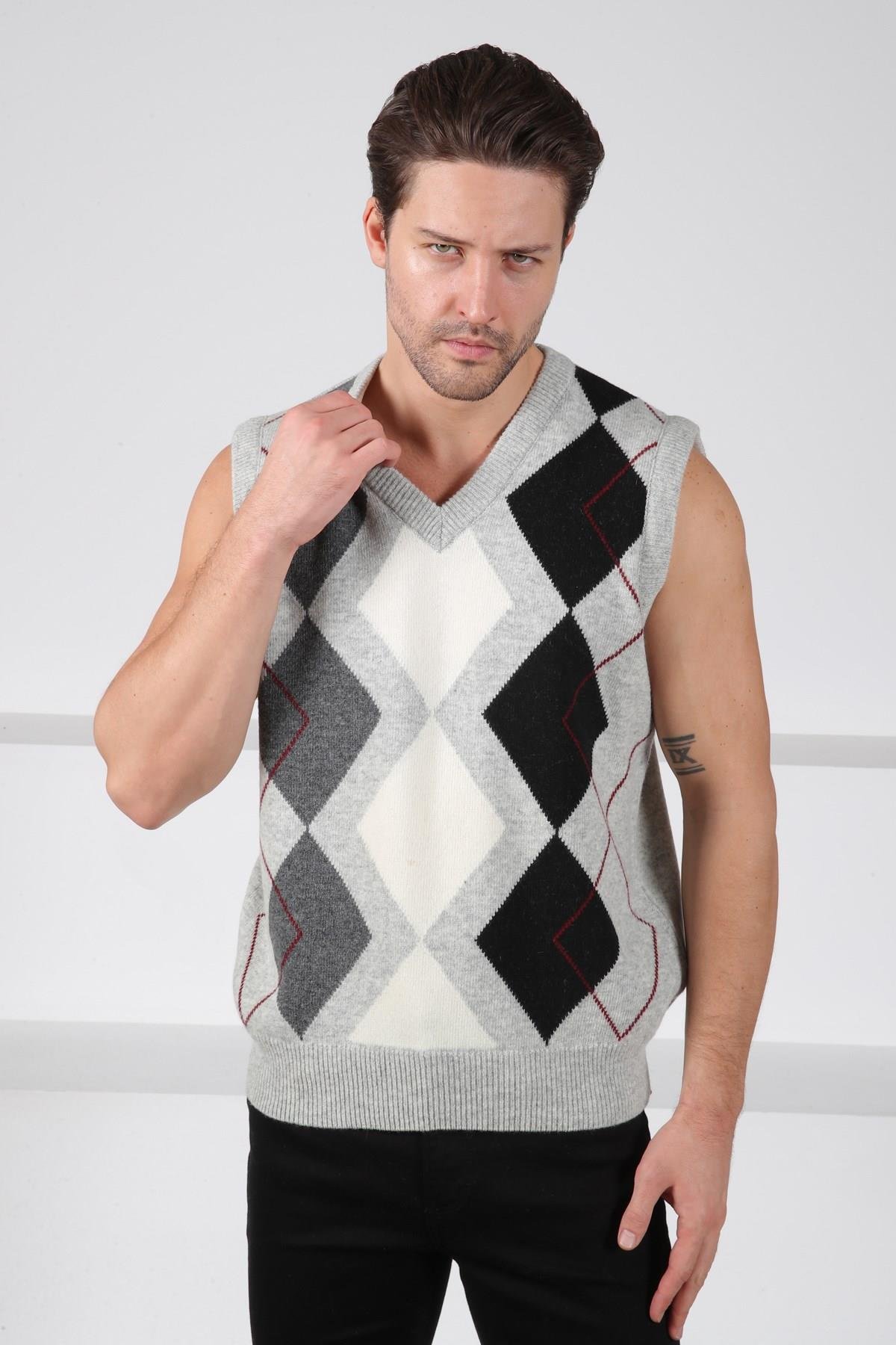 Ferraro A.Gri Baklava Desenli V Yaka %100 Kuzu Yünü Erkek Triko Süveter