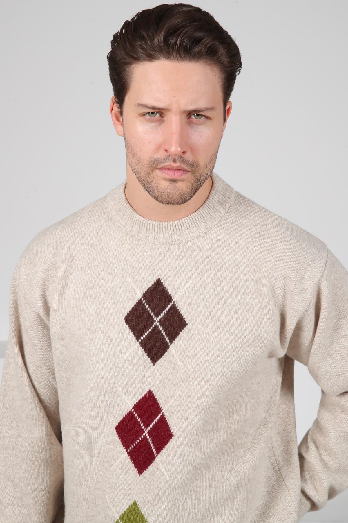 Ferraro A.Bej/Kahve Bisiklet Yaka Kahve Bordo Desenli Uzun Kollu %100 Kuzu Yünü Erkek Triko Kazak