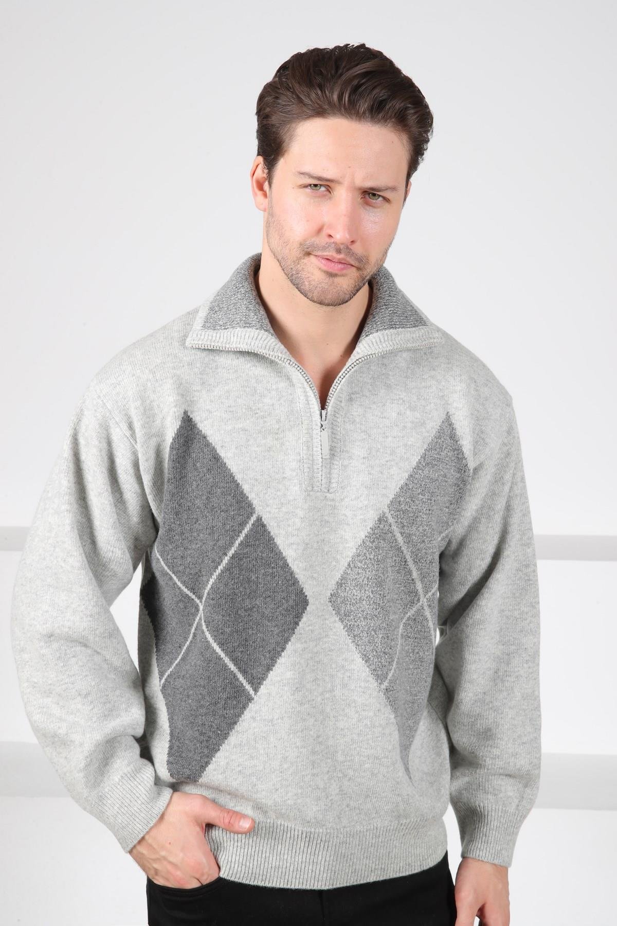 Ferraro A.Gri Balıkçı Yaka Fermuarlı Önü Baklava Desenli Uzun Kollu %100 Kuzu Yünü Erkek Triko Kazak