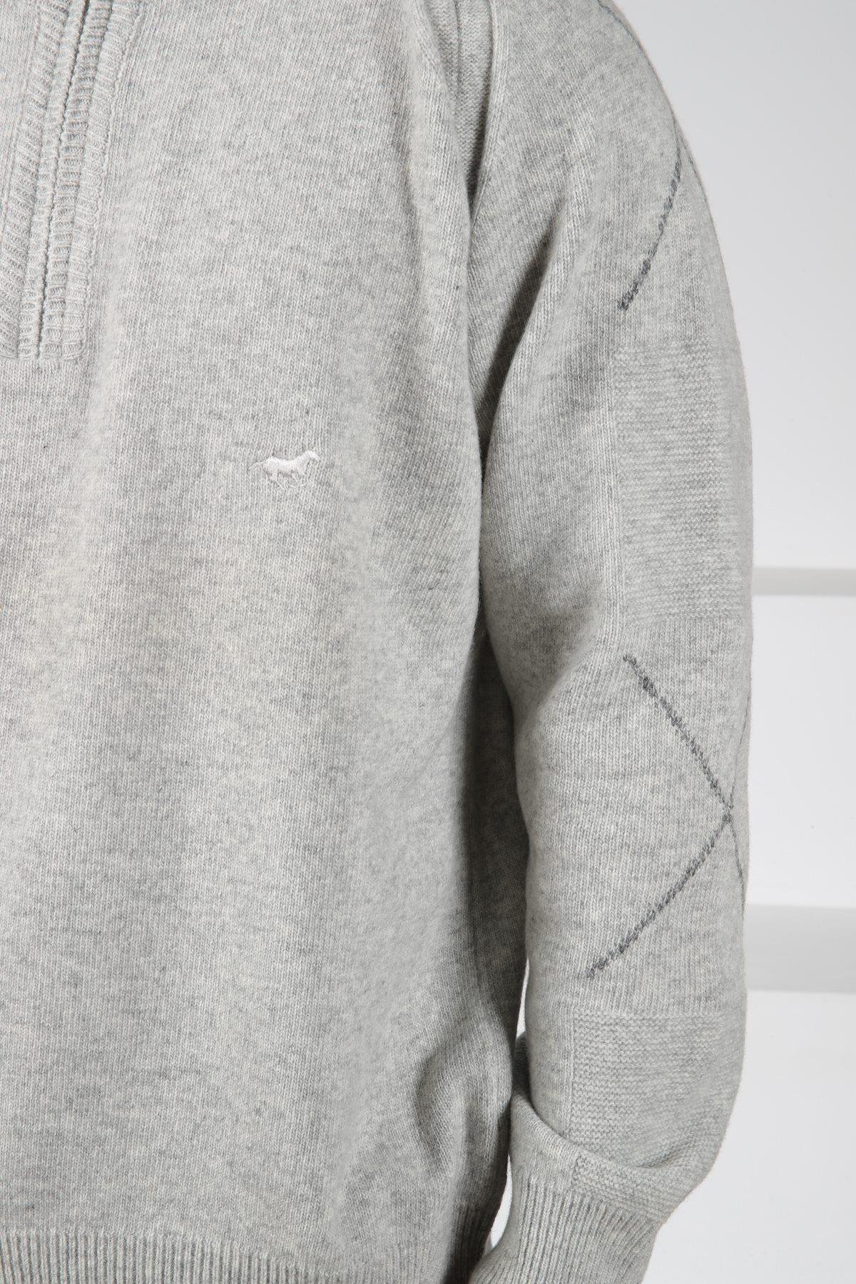 Ferraro A.Gri Balıkçı Yaka Fermuarlı Önü Düz Kolları Çizgi Detaylı Uzun Kollu %100 Kuzu Yünü Erkek Triko Kazak