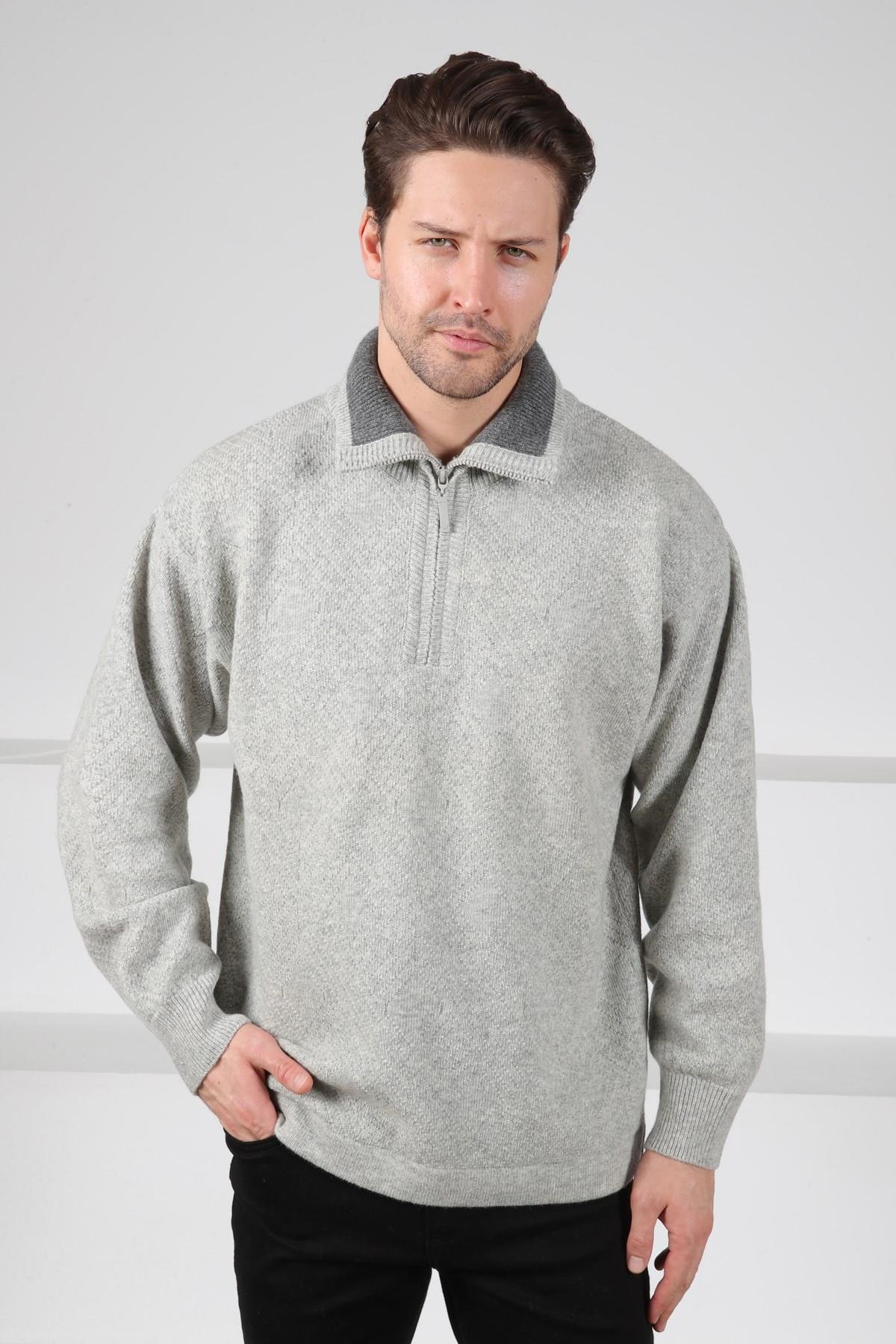 Ferraro A.Gri Balıkçı Yaka Fermuarlı Kabartma Desenli Uzun Kollu %100 Kuzu Yünü Erkek Triko Kazak