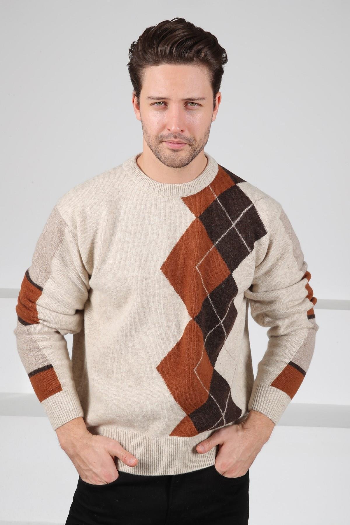 Ferraro A.Bej/Kahve Bisiklet Yaka Diyagonal Desenli Uzun Kollu %100 Kuzu Yünü Erkek Triko Kazak