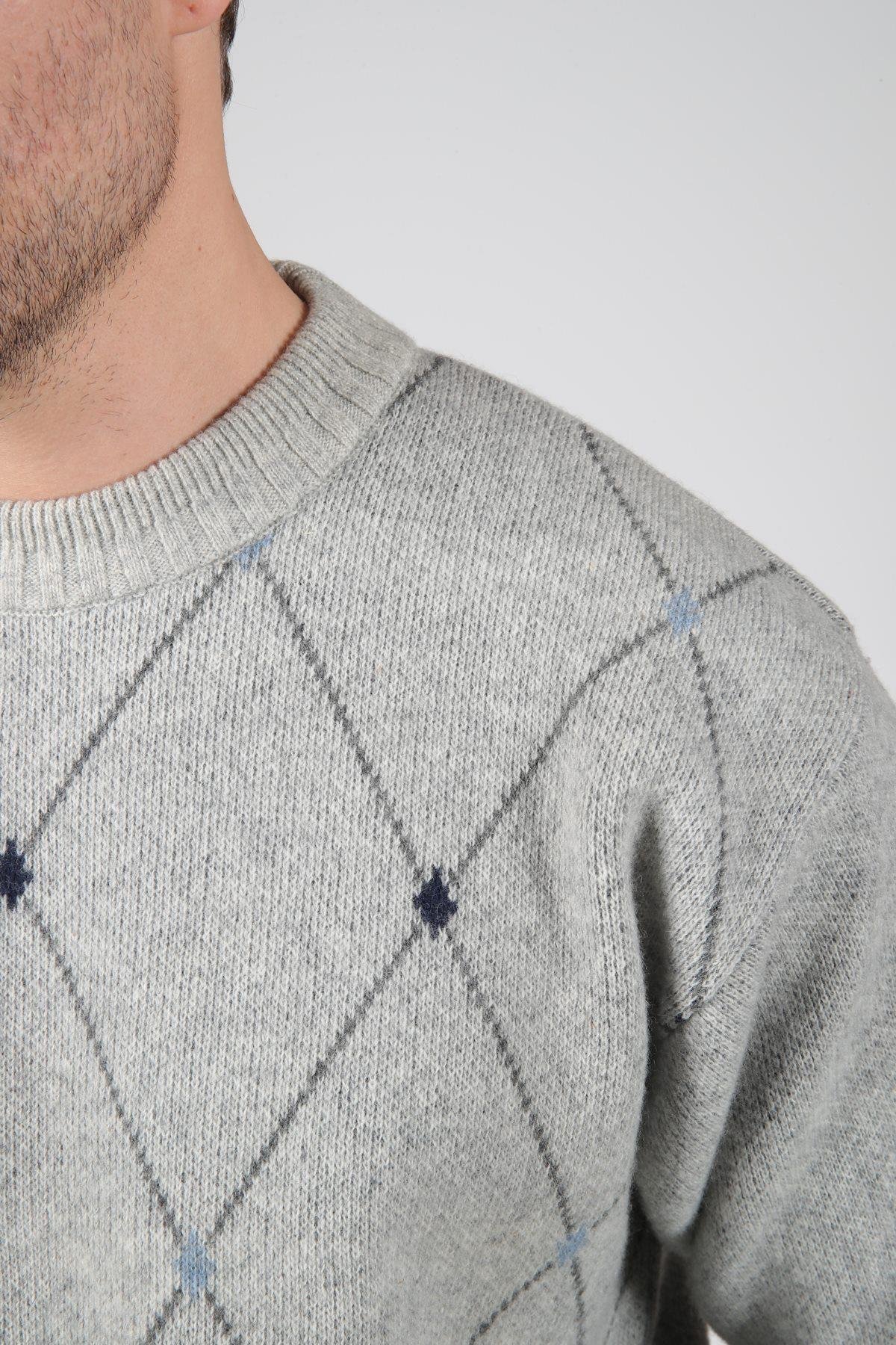 Ferraro A.Gri Bisiklet Yaka Geometrik Baklava Desenli Uzun Kollu %100 Kuzu Yünü Erkek Triko Kazak