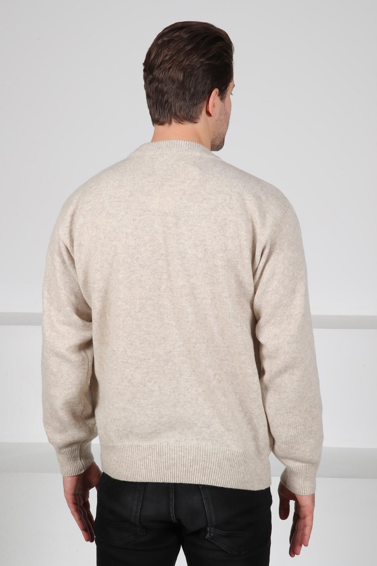 Ferraro A.Bej/Kahve Bisiklet Yaka Kahve Bordo Desenli Uzun Kollu %100 Kuzu Yünü Erkek Triko Kazak