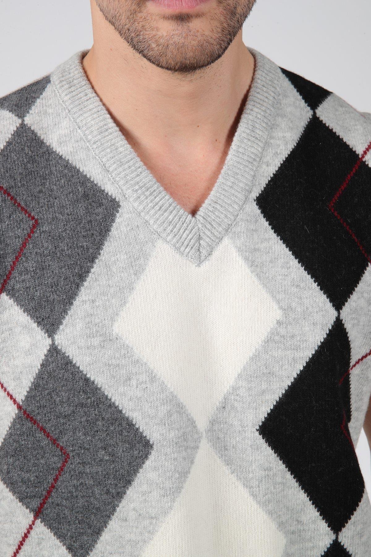 Ferraro A.Gri Baklava Desenli V Yaka %100 Kuzu Yünü Erkek Triko Süveter