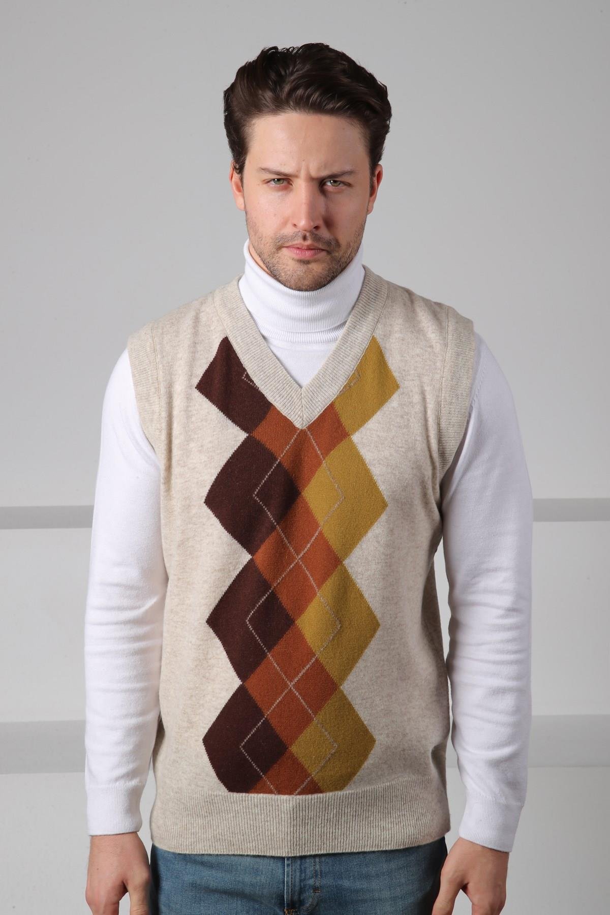 Ferraro A.Bej/Kahve V Yaka Diyagonal Desenli Uzun Kollu %100 Kuzu Yünü Erkek Triko Süveter