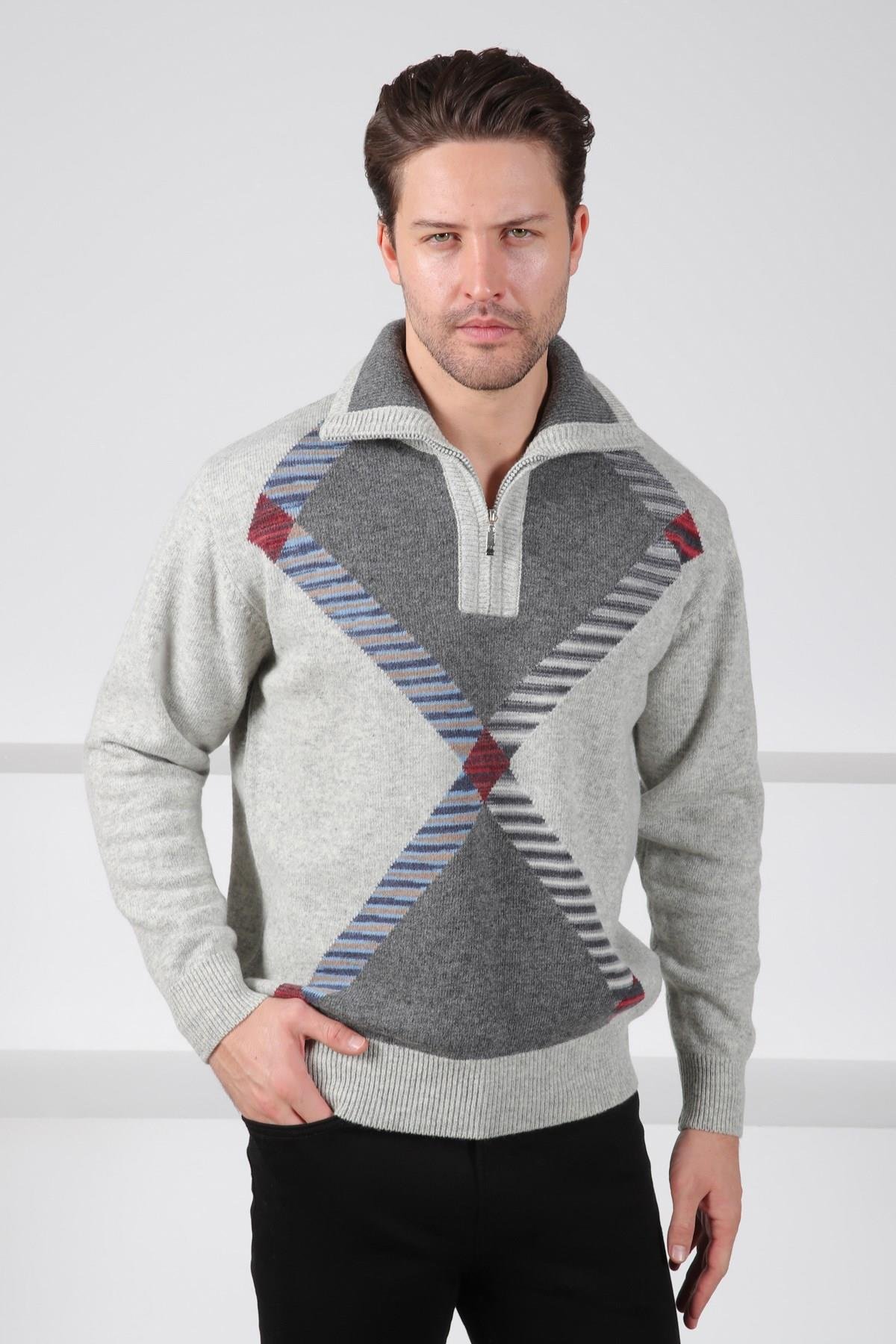Ferraro A.Gri Balıkçı Yaka Fermuarlı Geometrik Desenli Uzun Kollu %100 Kuzu Yünü Erkek Triko Kazak